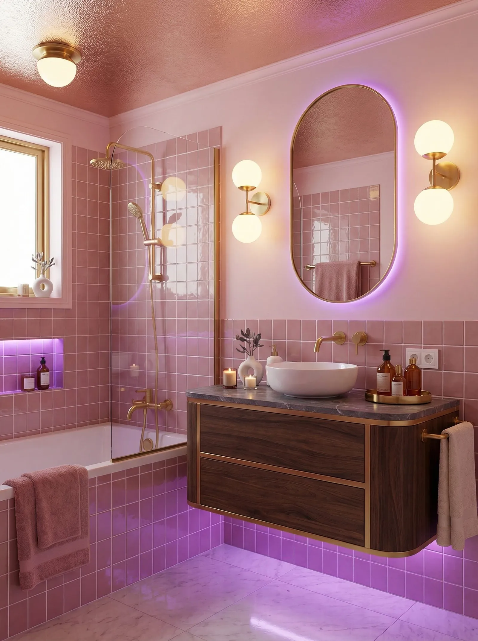 Retro futuristic bathroom with pink grid tile, magenta LED strips, a walnut and brass vanity and a round white basin
