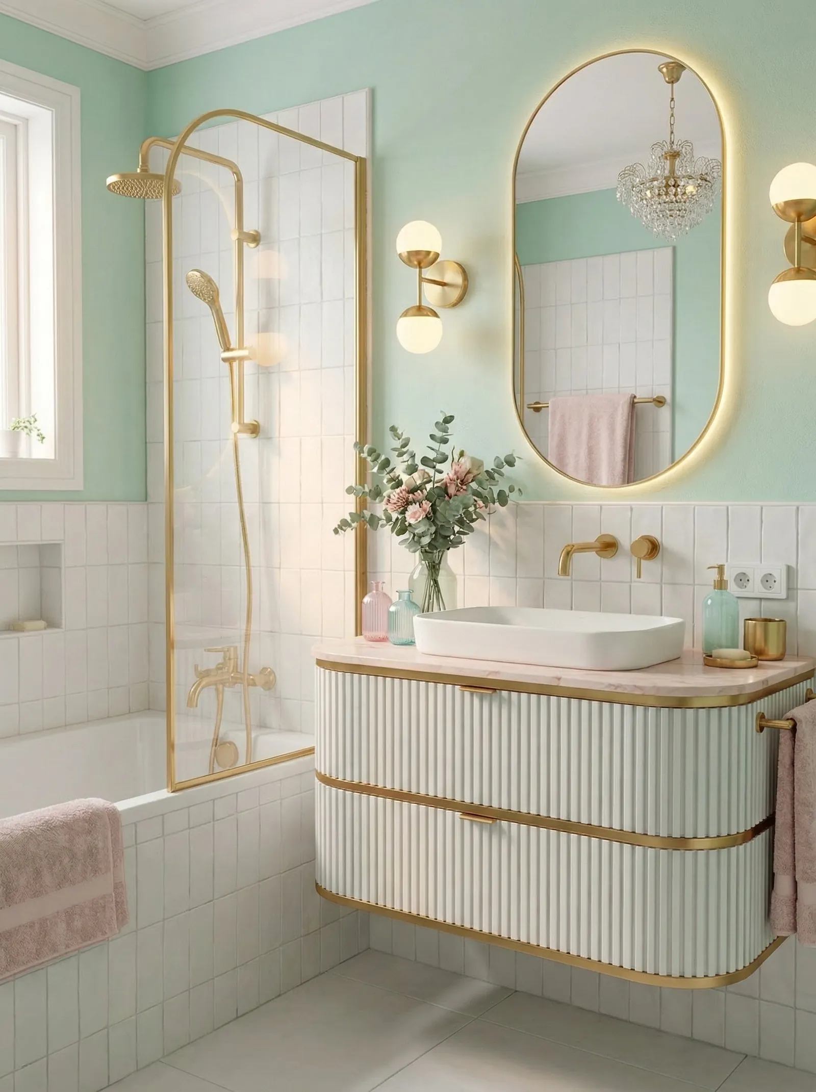 Pastel art deco bathroom with mint green walls, gold fittings, crystal chandelier and a blush marble counter