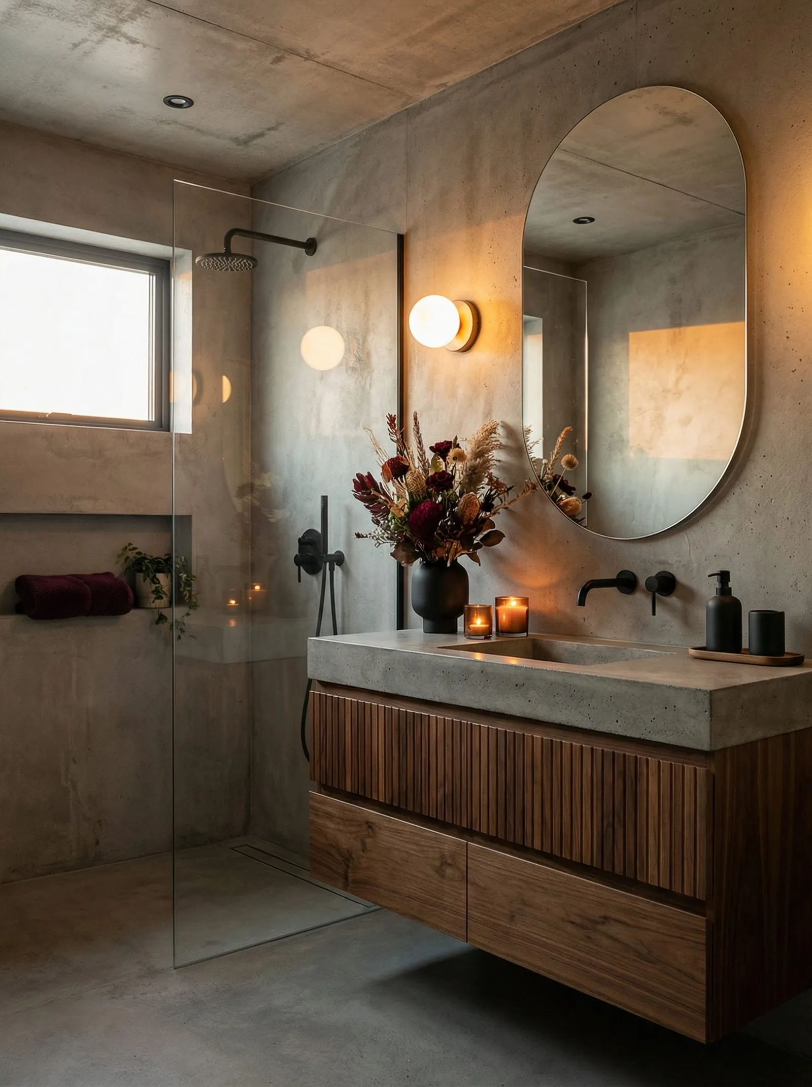 Concrete bathroom with microcement walls and ceiling, a poured concrete counter with integrated sink, teak vanity and a walk-in shower