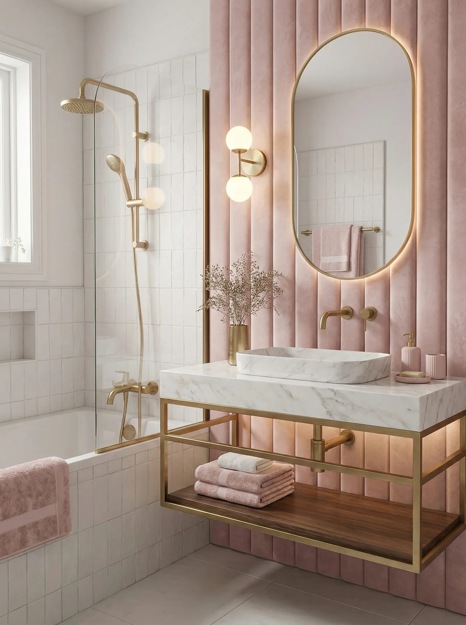 Soft glam bathroom with padded pink velvet wall panels, a brass frame vanity holding a white marble slab and a marble vessel basin
