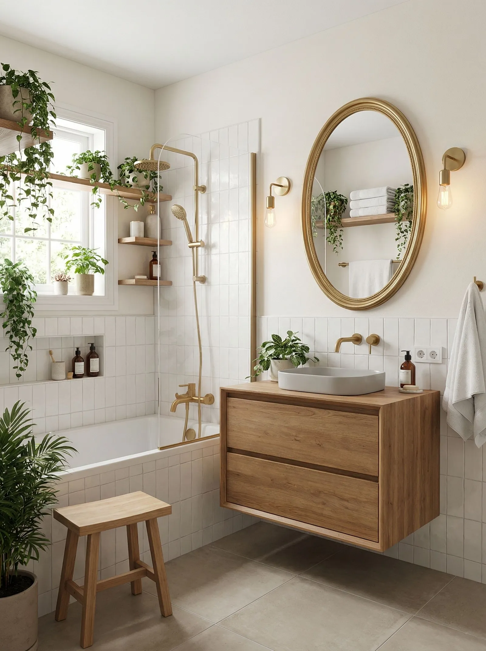 White bathroom with an oak vanity, gold beaded oval mirror, brass sconces with bare bulbs and hanging plants