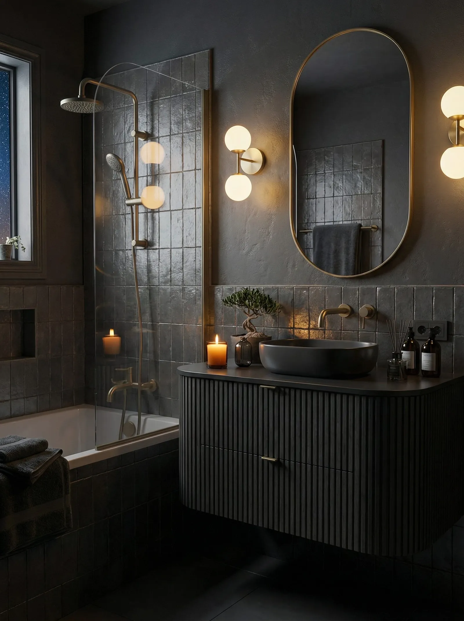 Moody eclectic bathroom in near-black tile with a black fluted vanity, black vessel basin, brass oval mirror and candles
