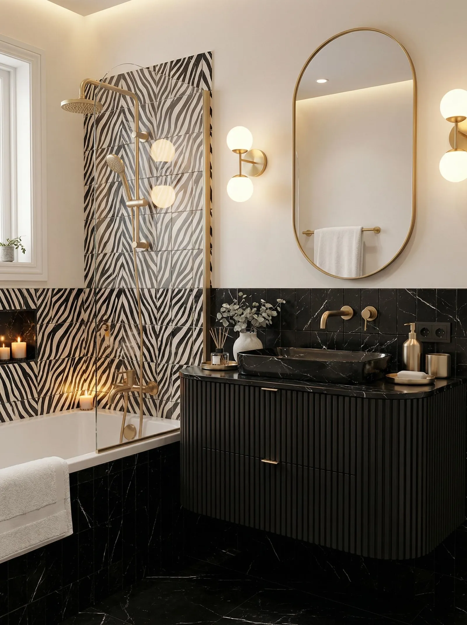 Exotic glam bathroom with black marble, zebra print tile behind the tub, a black fluted vanity and gold globe sconces