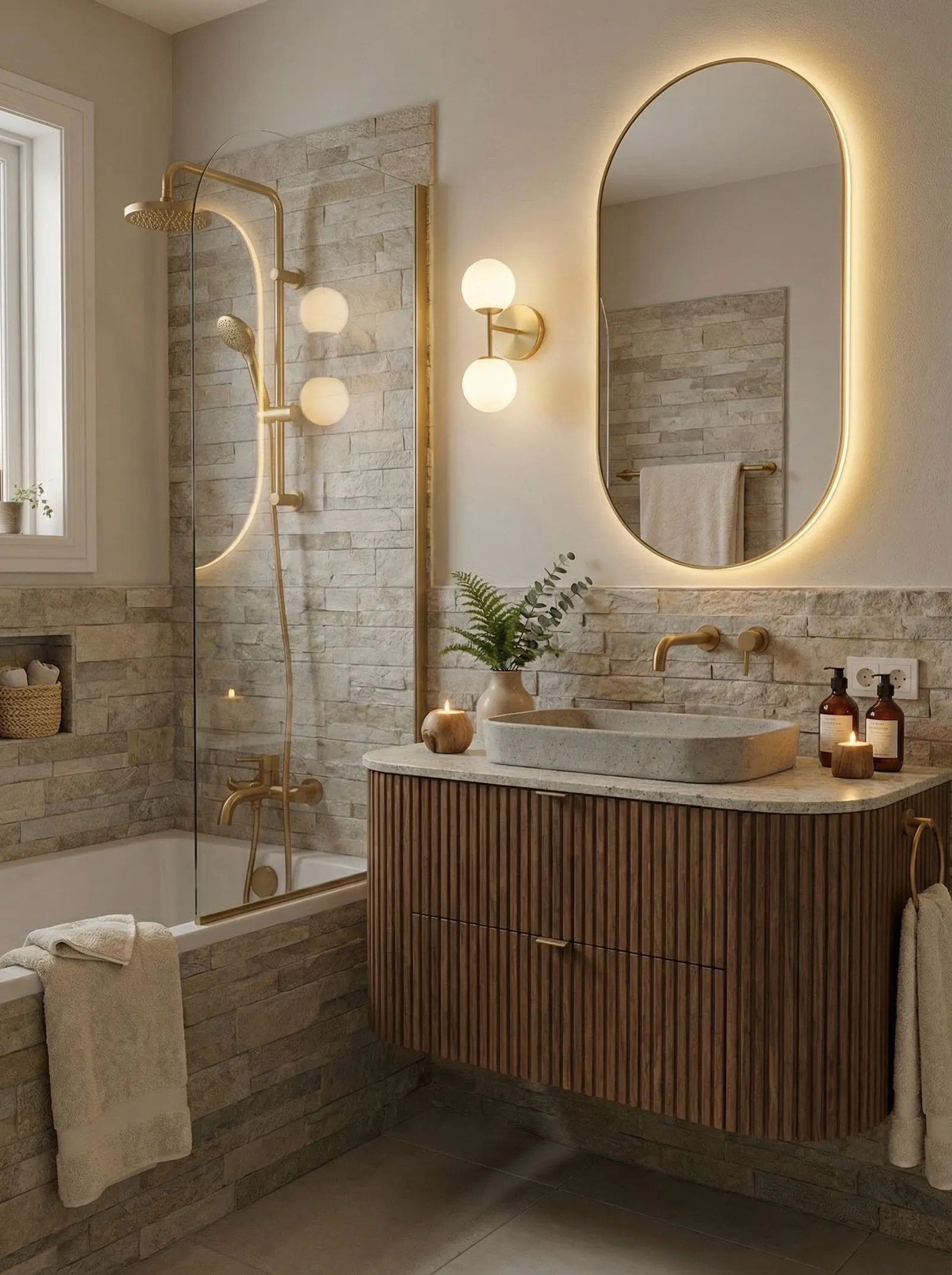 Organic spa bathroom with stacked stone ledger walls, a walnut fluted vanity, speckled stone counter, stone vessel basin and brass fittings
