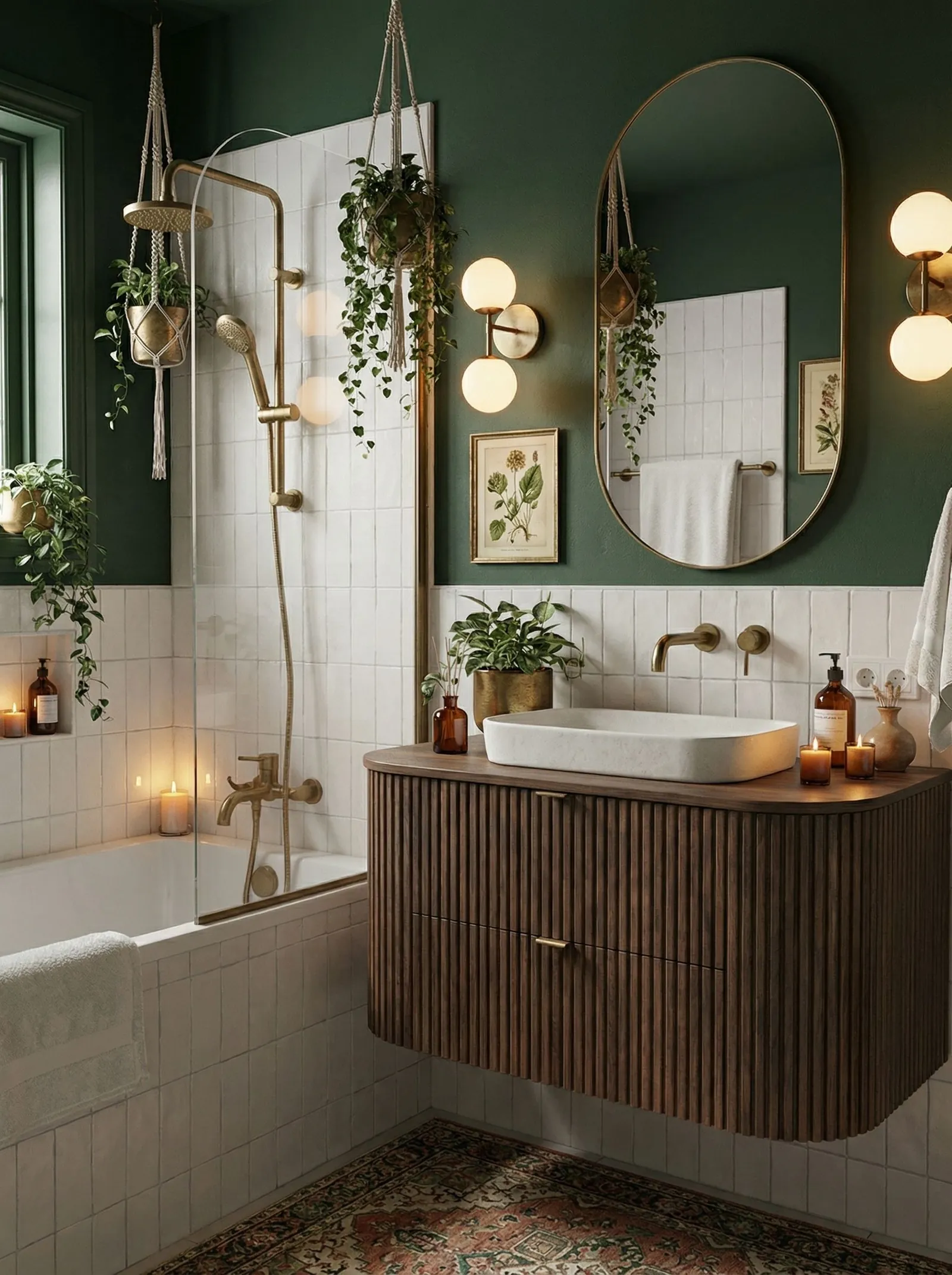 Green art deco bathroom with macrame hanging planters, brass fittings, walnut fluted vanity and botanical prints