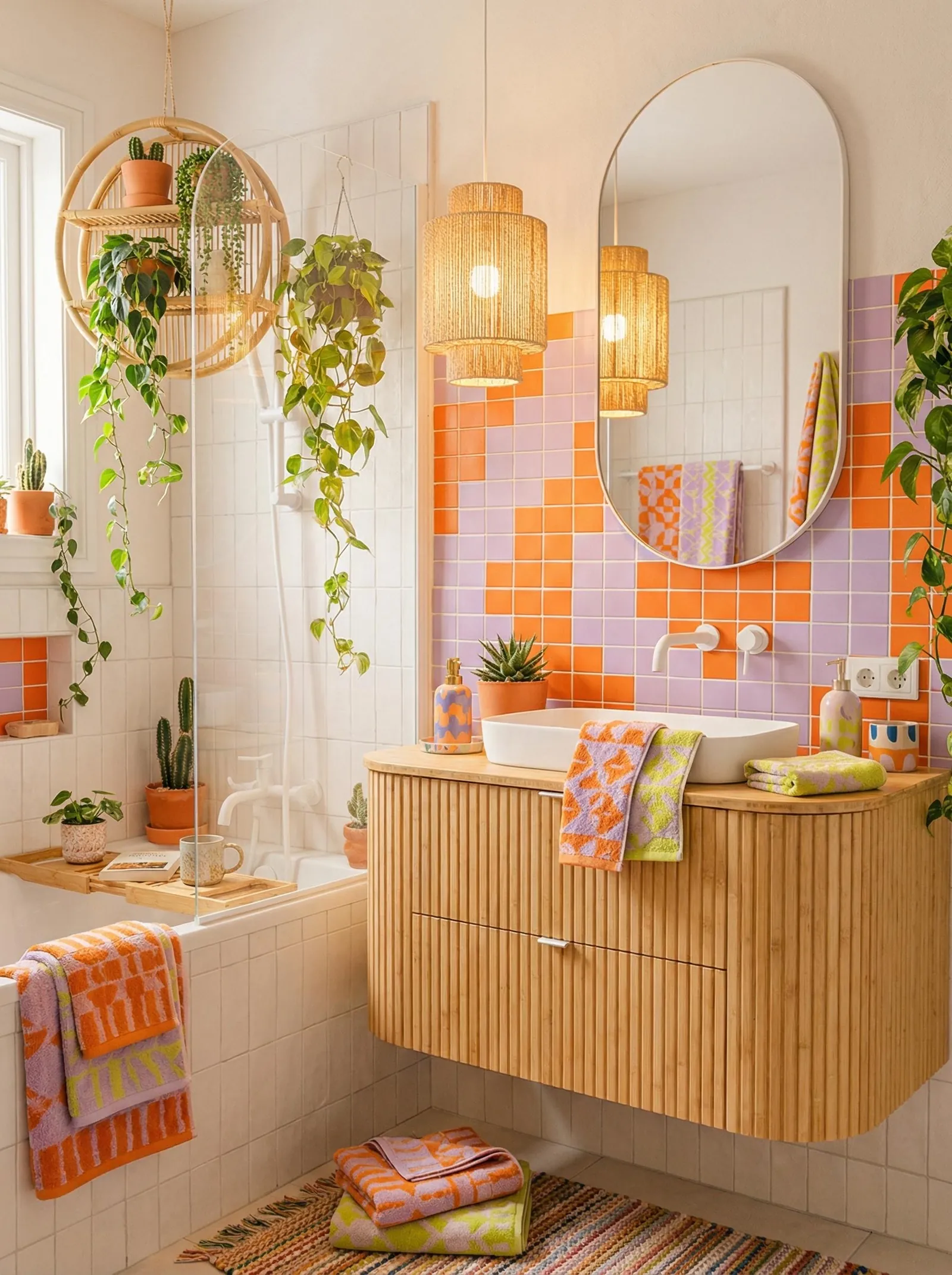 Boho eclectic bathroom with orange and lilac checkerboard tile, a bamboo fluted vanity, rattan pendants and cacti