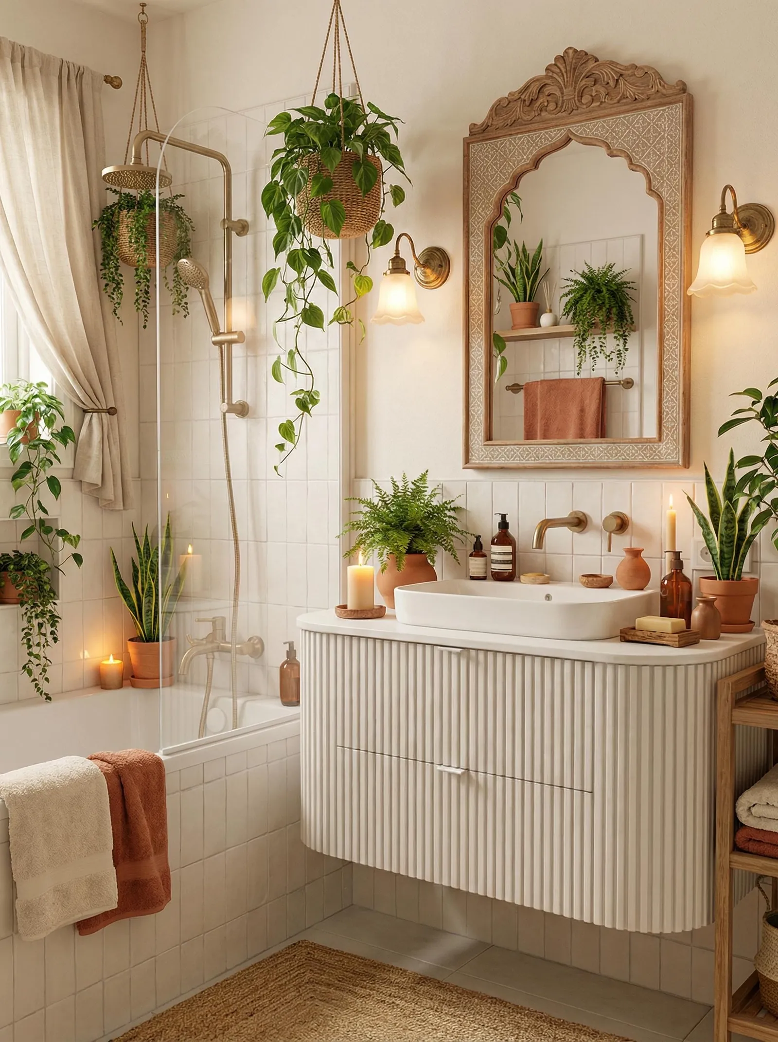 Natural boho bathroom with white tile, a cream fluted vanity, a carved wood arched mirror, brass sconces, terracotta pots and hanging plants