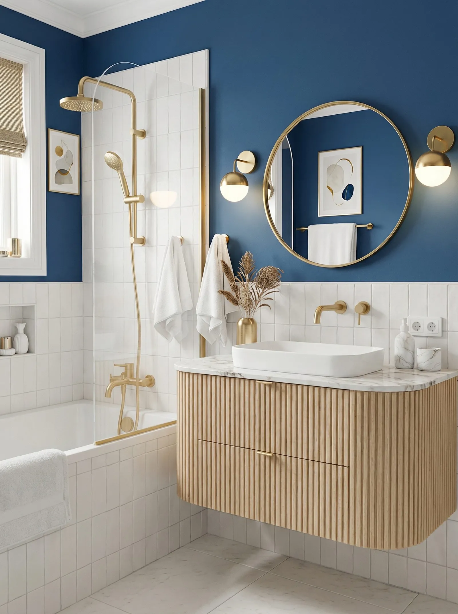 Coastal glam bathroom with a deep blue wall above white tile, a round gold mirror and a fluted oak vanity with white marble top