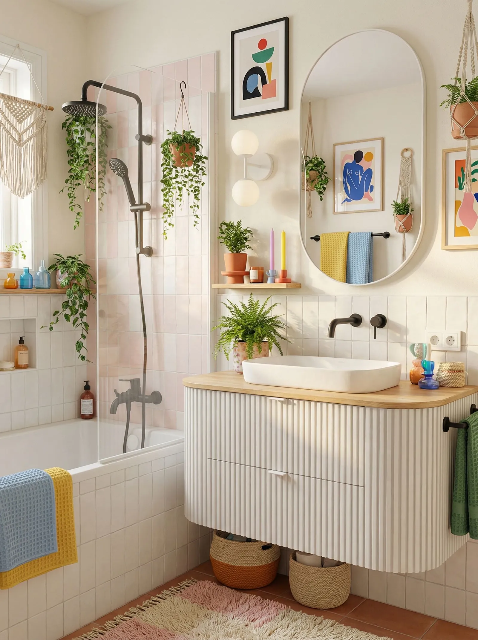 Playful boho bathroom with pale pink tile, a white fluted vanity with oak top, macrame, framed abstract prints and colourful towels