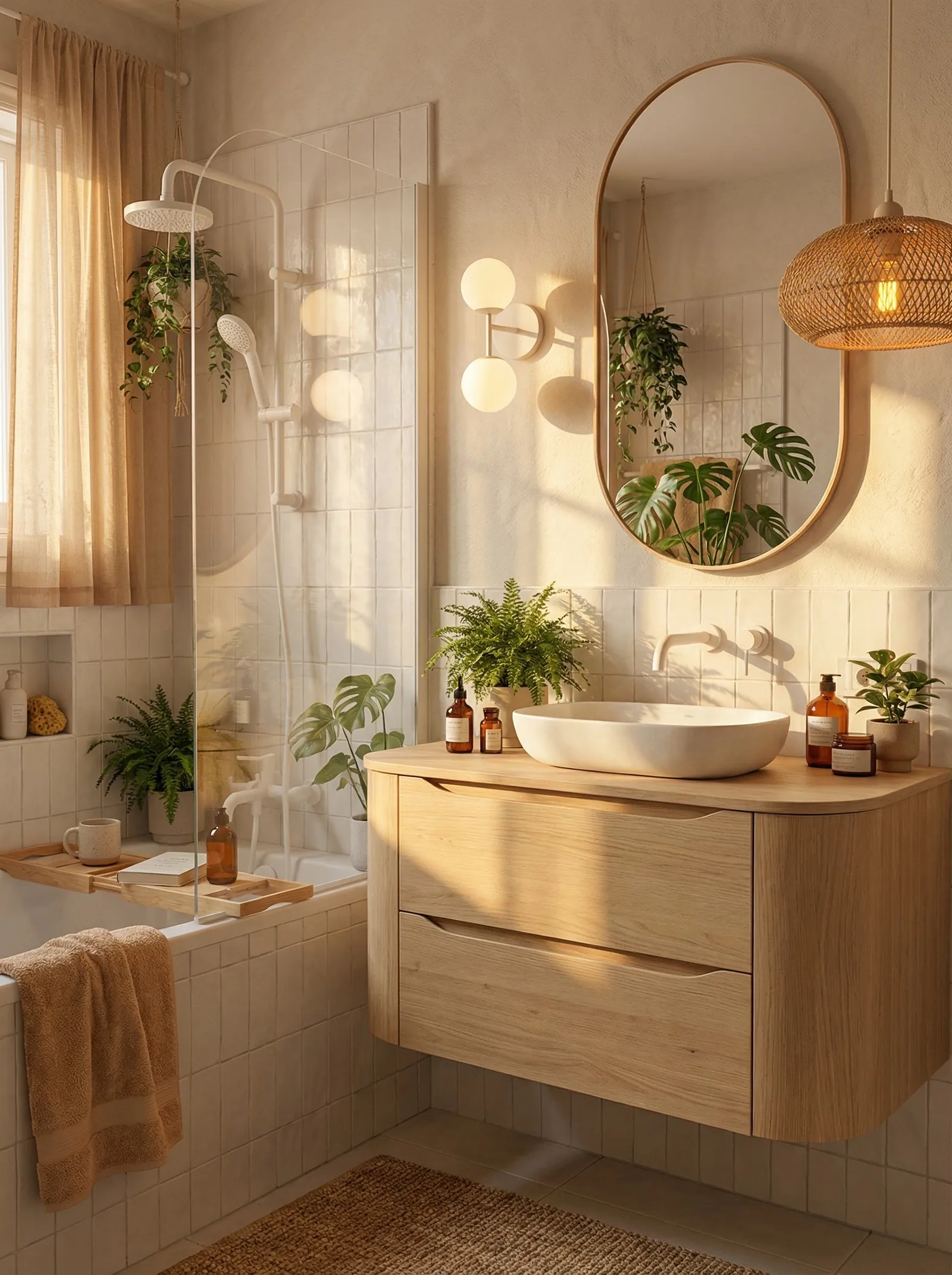 Japandi boho bathroom with warm cream walls, a light oak curved vanity, oak oval mirror, rattan pendant and monstera plants