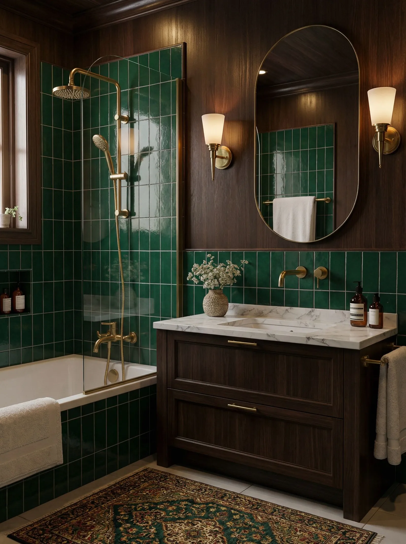 Traditional art deco bathroom with dark wood panelling, emerald green tile, brass cone sconces and a Persian rug