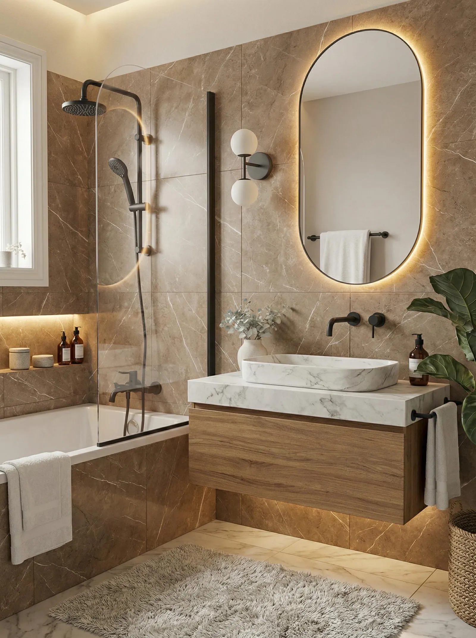 Luxe minimalist bathroom clad in caramel brown marble with a walnut vanity, white marble waterfall top and marble vessel basin
