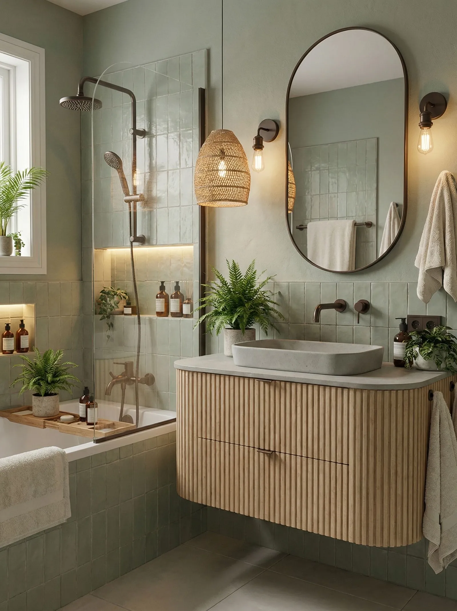Japandi organic bathroom with sage green zellige tile, a light oak fluted vanity, grey stone counter and basin, bronze fittings and a rattan pendant