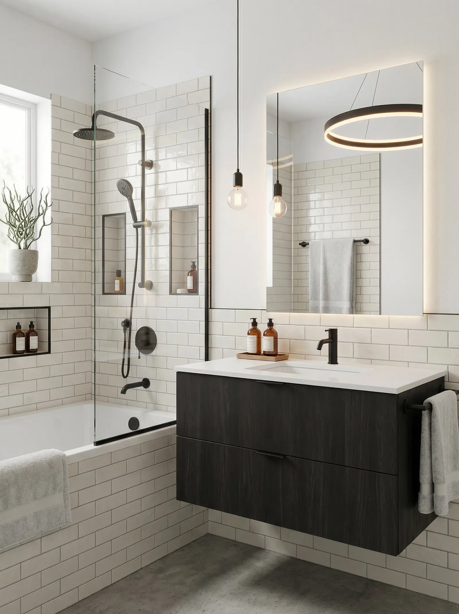 Industrial minimalist bathroom with white subway tile and dark grout, a black-stained vanity, frameless backlit mirror and Edison bulb pendants