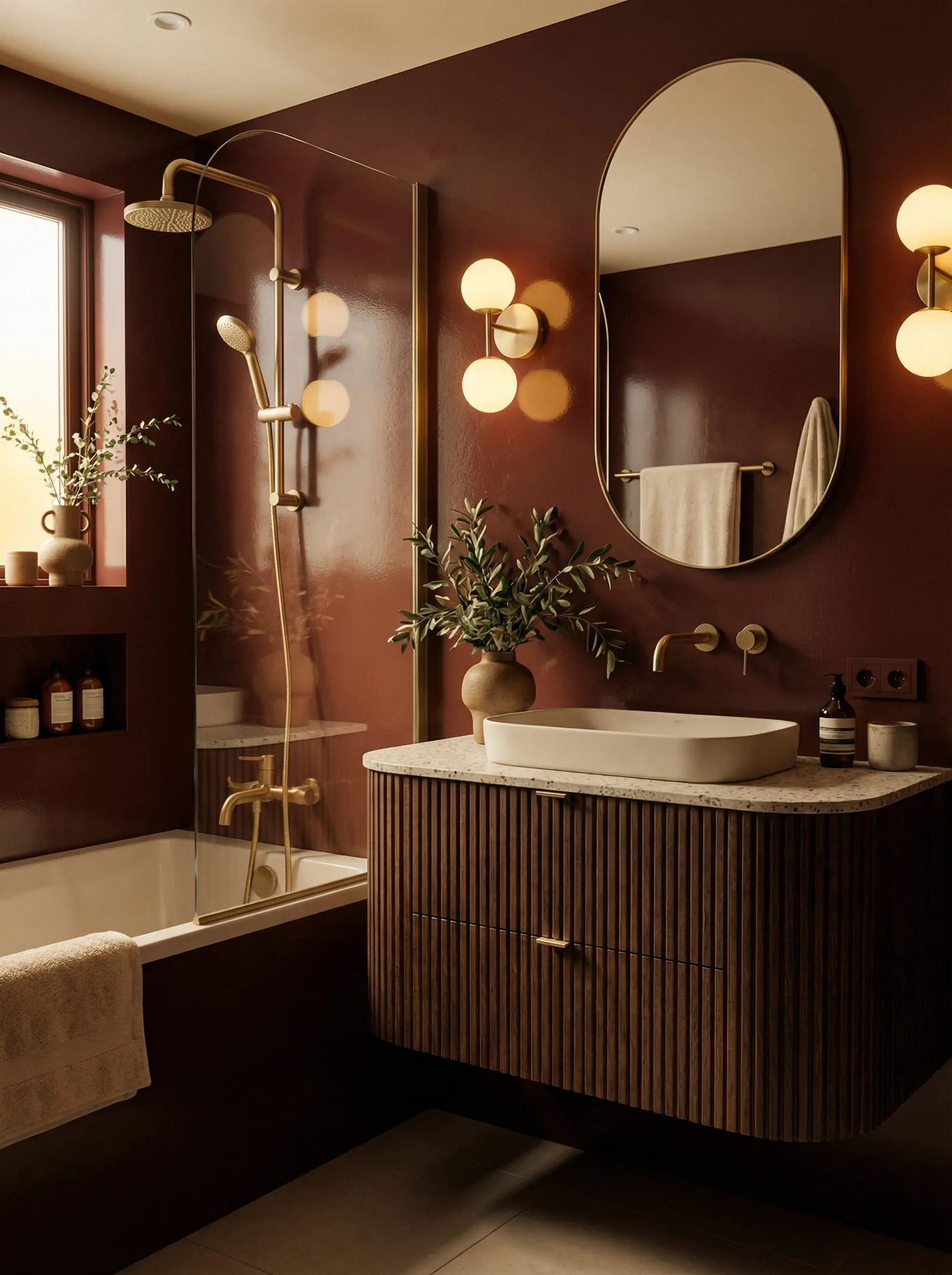 Minimal art deco bathroom with oxblood plaster walls, brass fittings, fluted walnut vanity and a terrazzo top