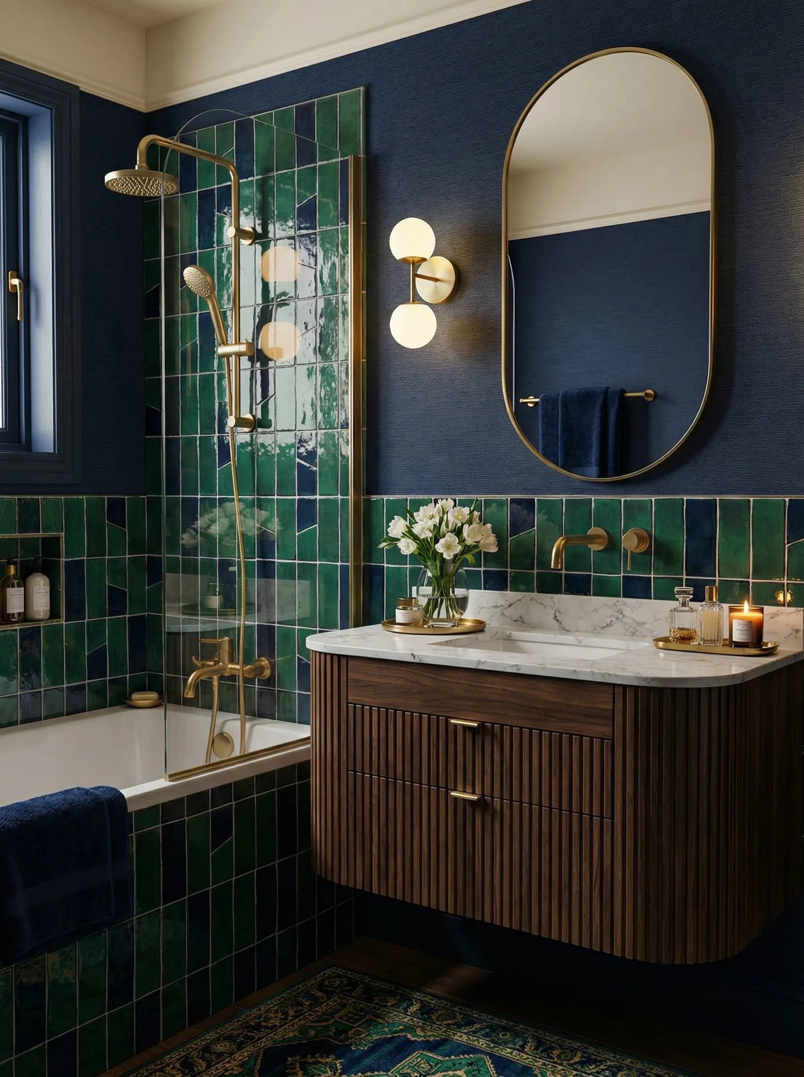 Classic art deco bathroom with navy grasscloth walls, green and navy zellige tile and a walnut fluted vanity