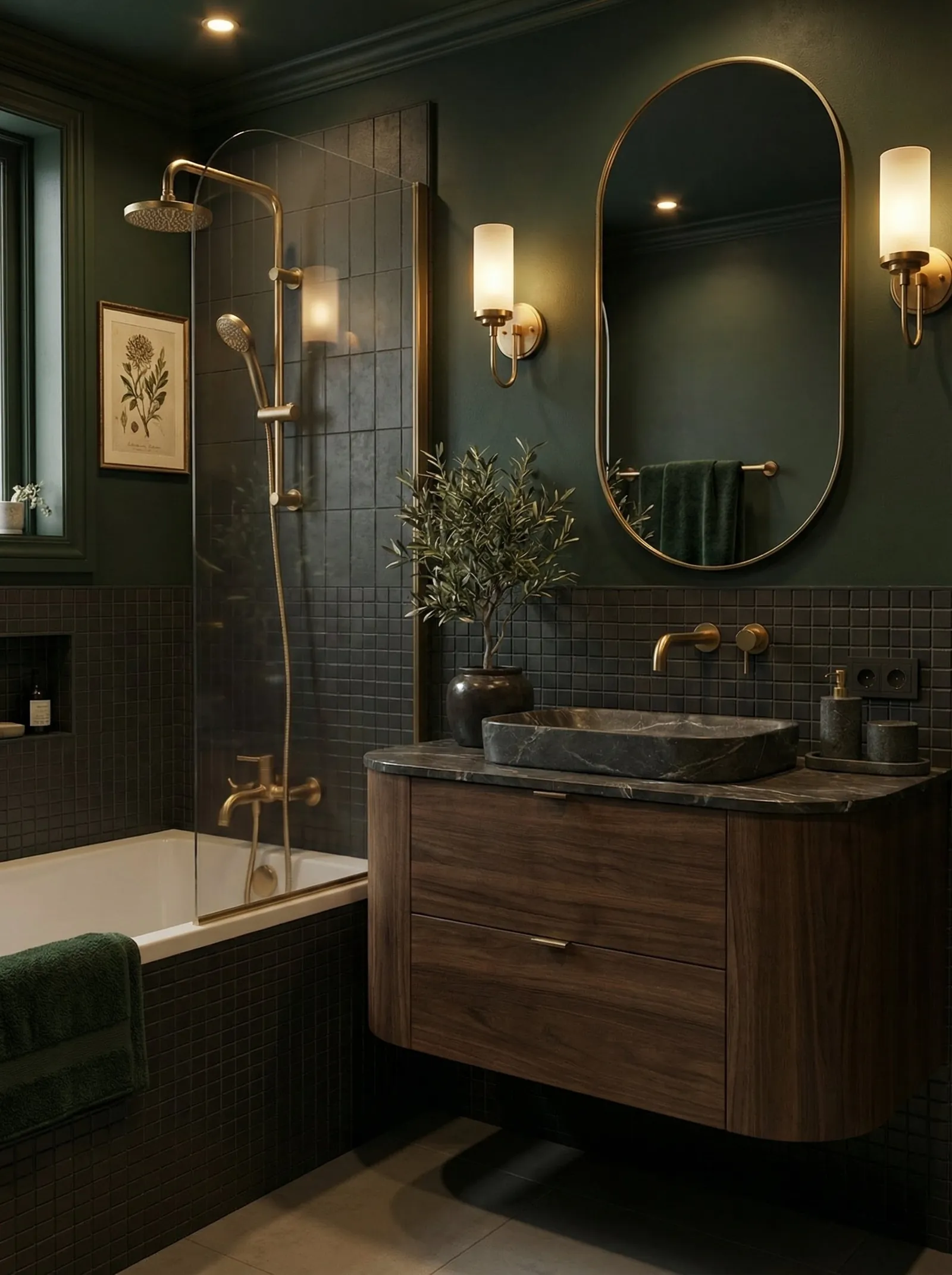 Classic English green bathroom with deep forest-green painted walls, dark green mosaic tile as a wainscot, a curved walnut floating vanity with a dark green marble top and a green marble vessel basin, brass wall taps, a brass-framed oval mirror, brass cylinder sconces, a framed botanical print and an olive tree in a dark pot.