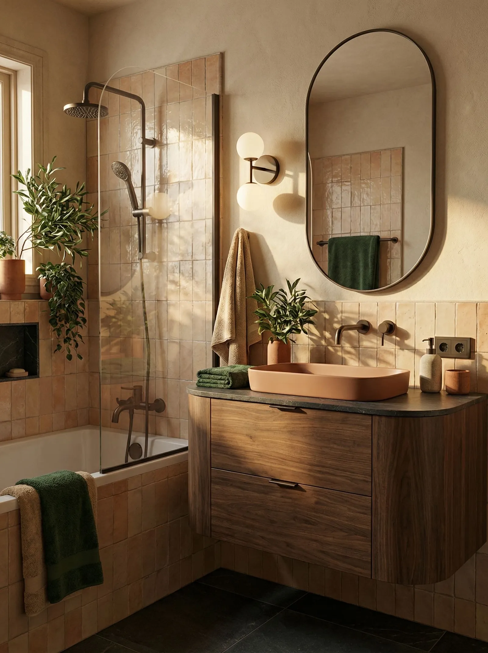Sunlit warm Mediterranean bathroom with honey-ochre zellige tile and cream plaster walls in raking light, a curved walnut floating vanity with a dark green marble top and a matte terracotta vessel basin, bronze wall taps, a bronze-framed oval mirror, an opal globe sconce, olive and trailing plants and a dark slate floor.
