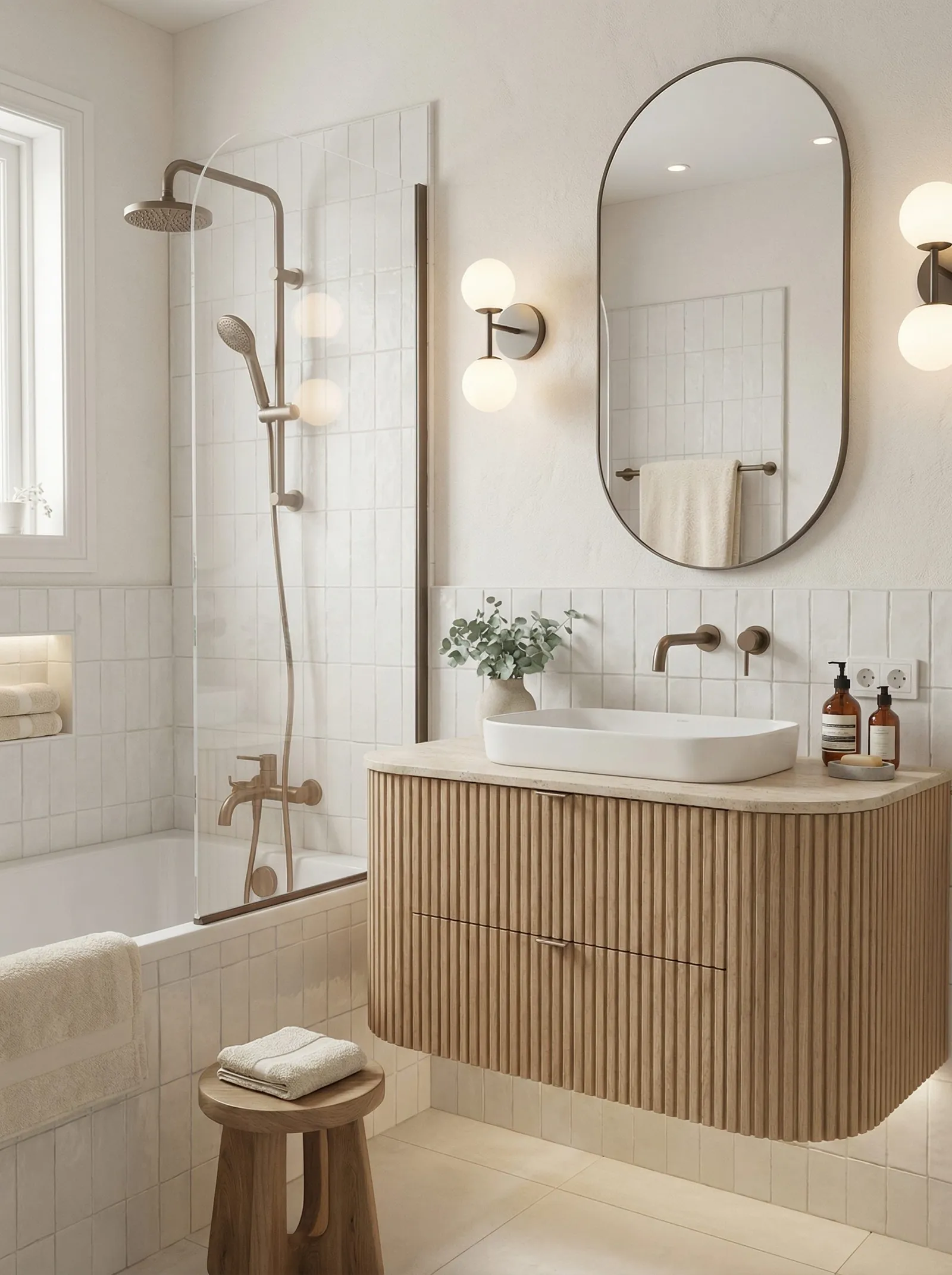 Scandi organic bathroom with cream tile, a light oak fluted vanity with travertine top, white basin and bronze fittings