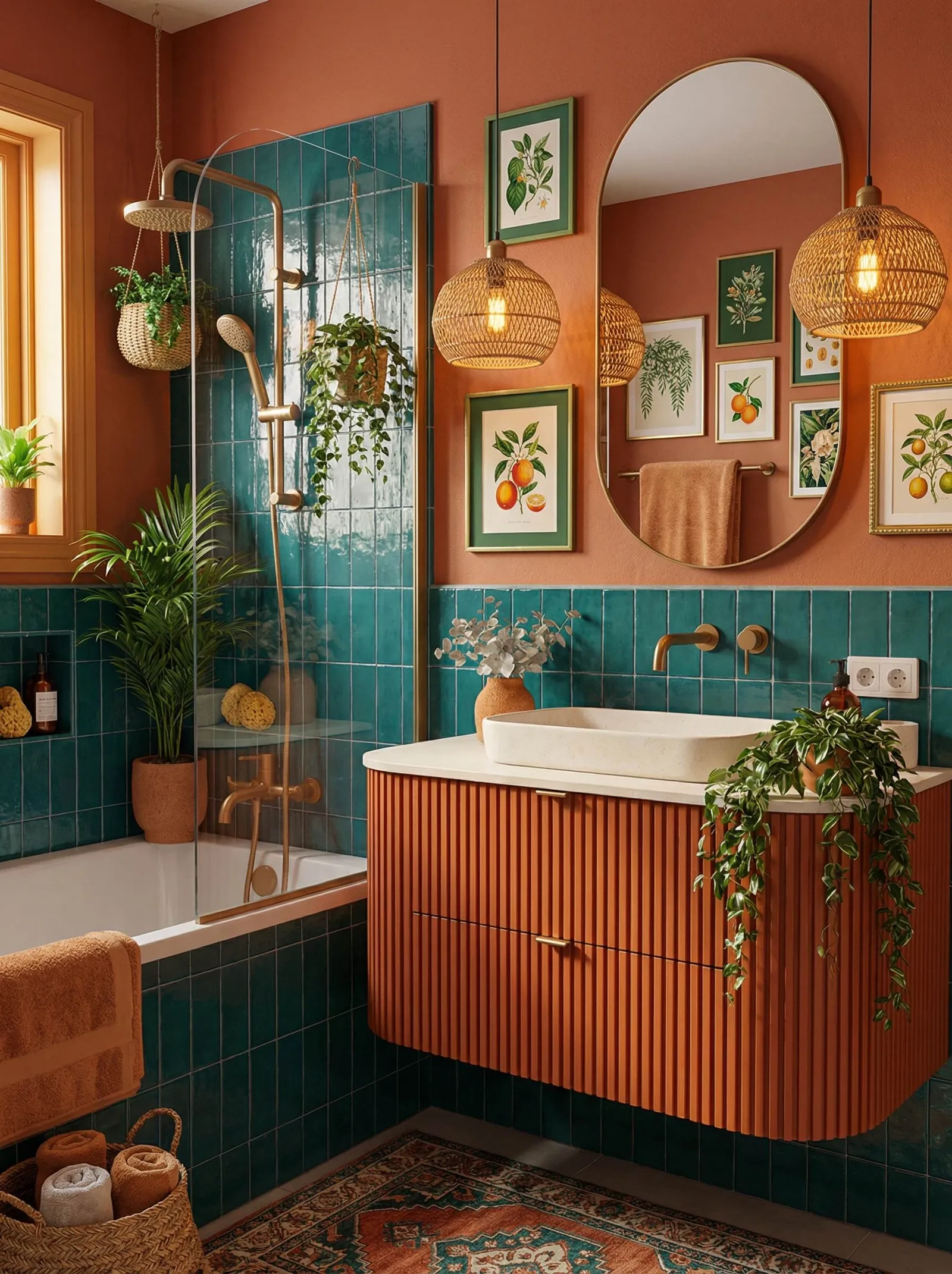 Tropical boho bathroom with terracotta walls, teal green tile, a terracotta fluted vanity, botanical prints and rattan pendants