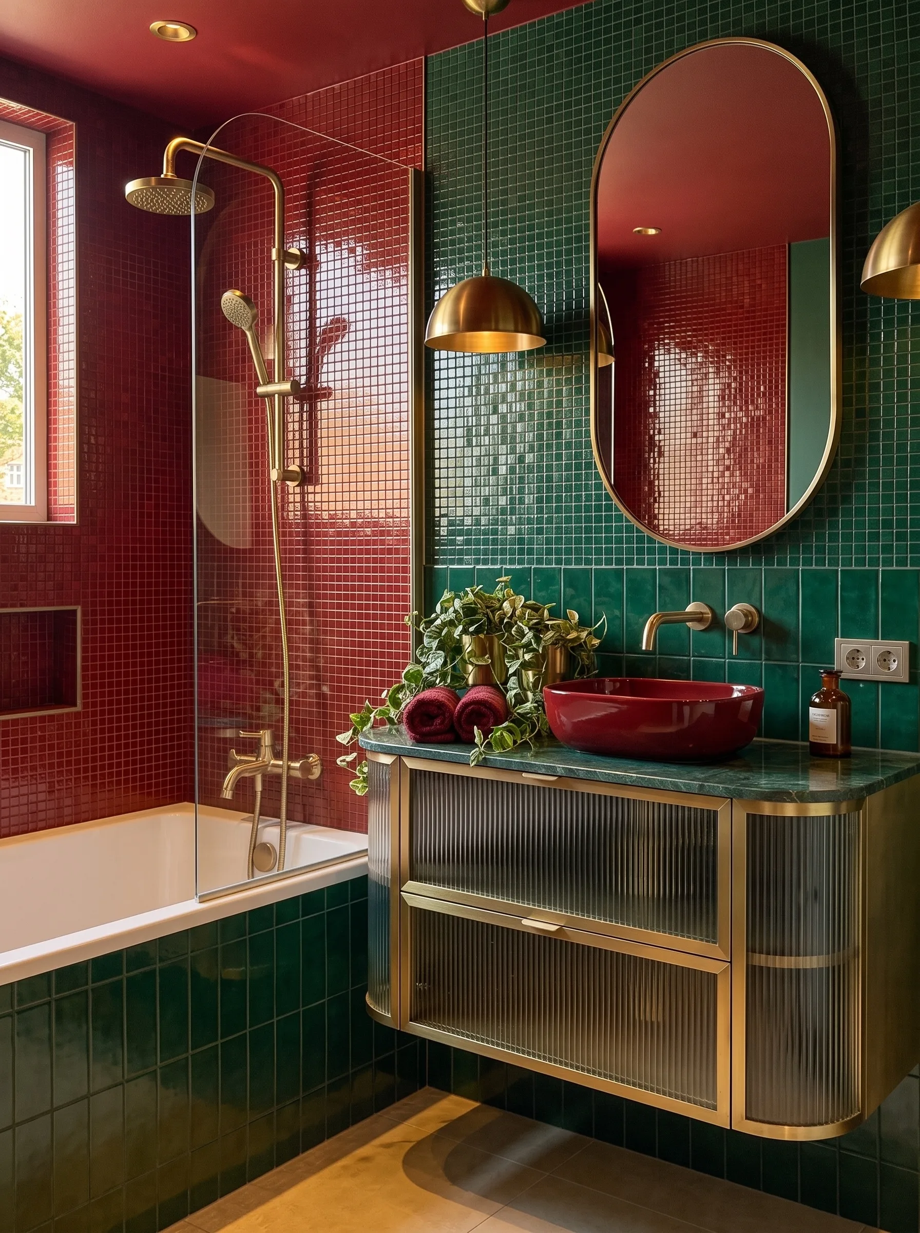 Glam bathroom with cherry-red mosaic tile around the tub, an emerald mosaic vanity wall, a green marble counter, a red basin and brass fittings
