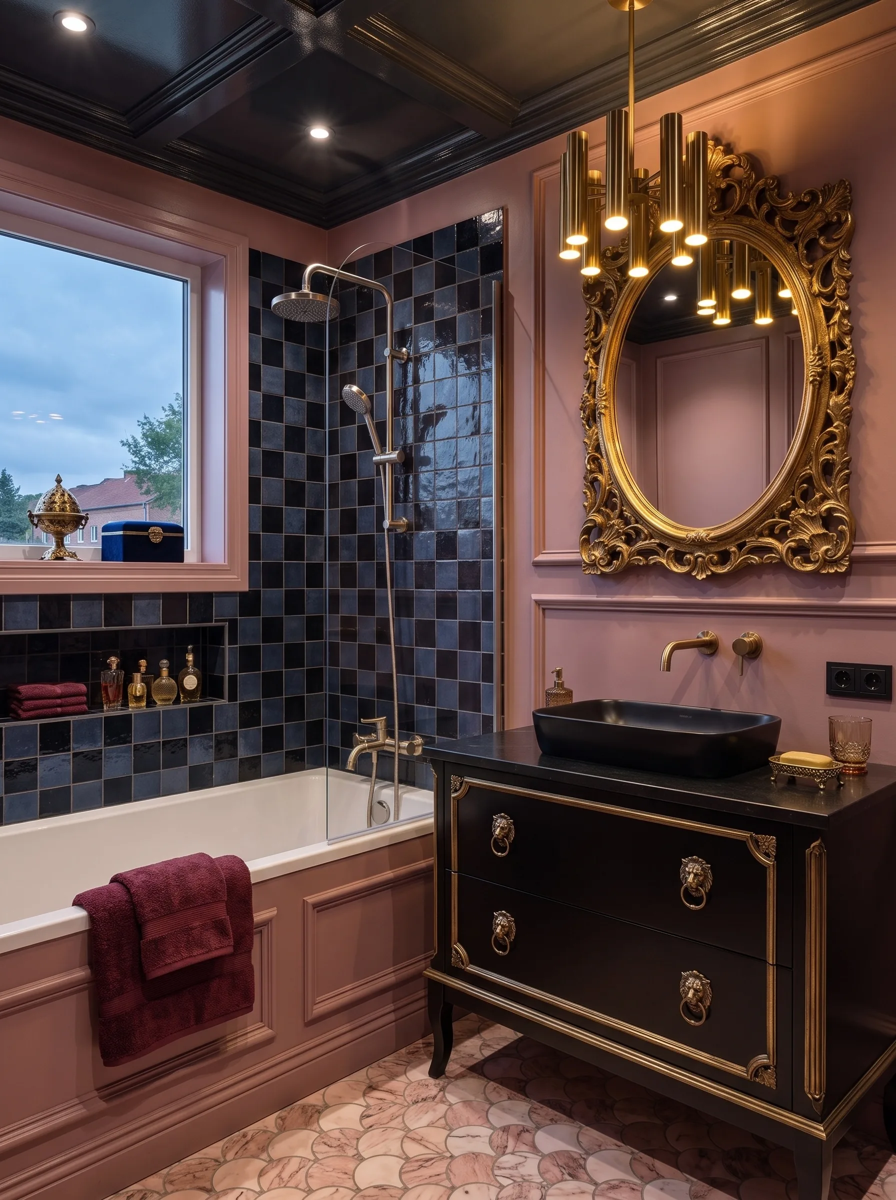 Baroque bathroom with mauve panelled walls, a dark coffered ceiling, a gilt rococo mirror, a black and gold carved commode vanity and a checkerboard floor