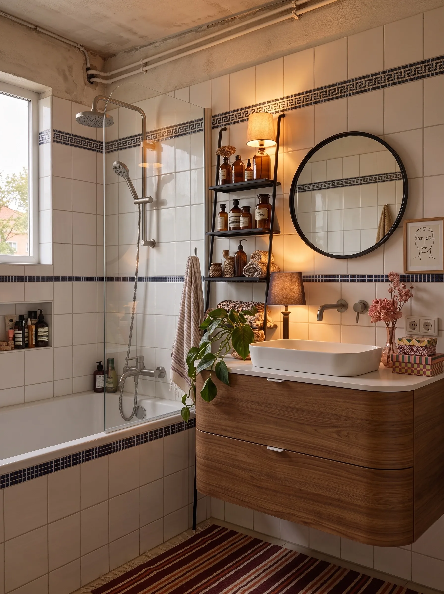 Eclectic bathroom with white square tile, a navy mosaic border, exposed pipes, a walnut vanity, a black ladder shelf of amber bottles and two table lamps