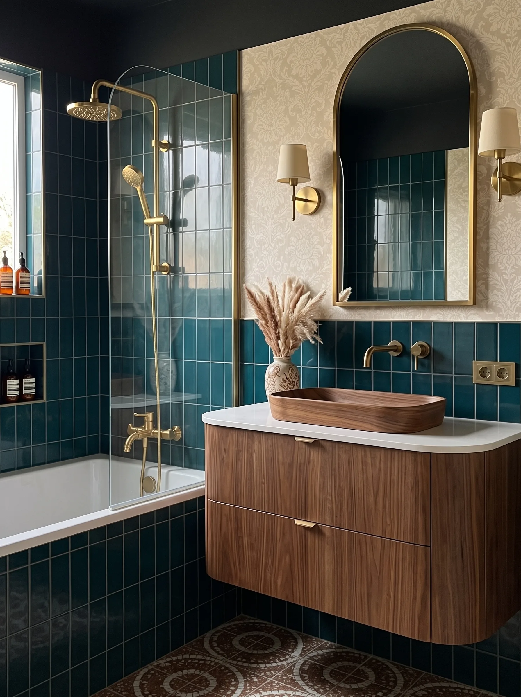 Moody bathroom with teal vertical tile, a black ceiling, damask wallpaper, a brass arch mirror and a walnut vanity with a carved wood basin