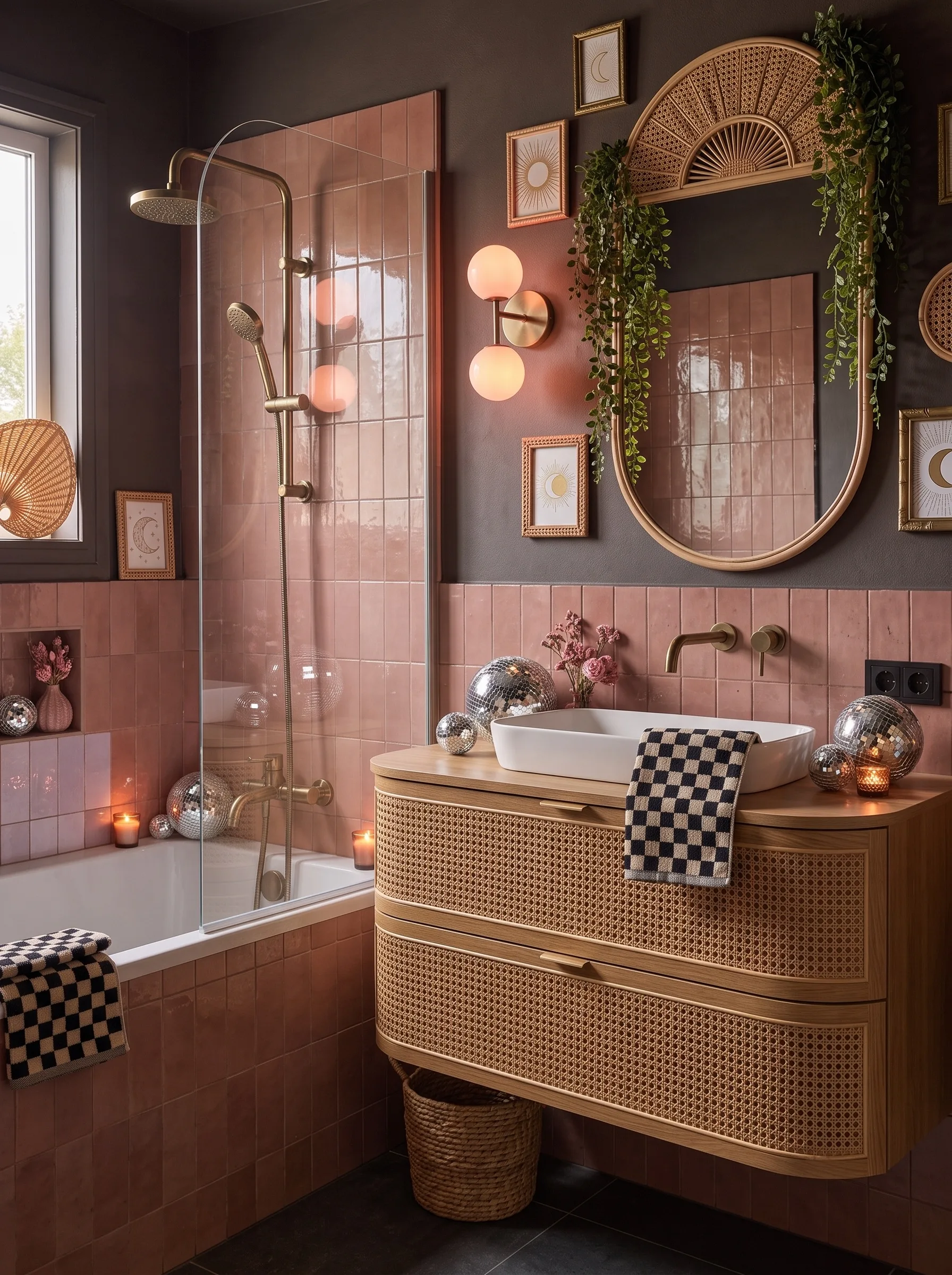 Boho bathroom with glossy terracotta zellige tile, dark plaster walls, a cane-front vanity, sun and moon prints and a disco ball over the tub