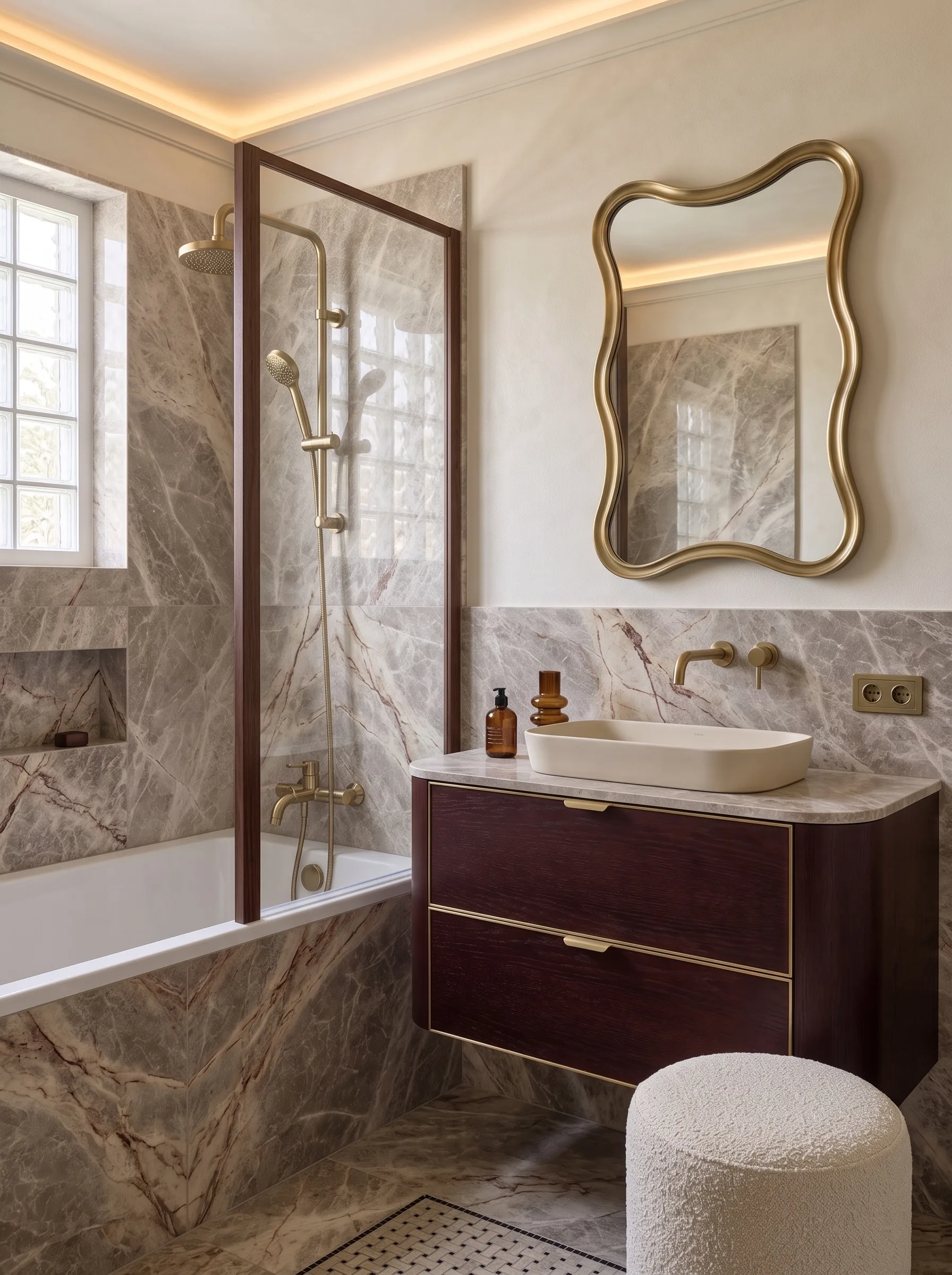 Quiet luxe glam bathroom with grey veined marble walls, a glass block window, a dark red wood vanity with brass trim and a gold wavy mirror