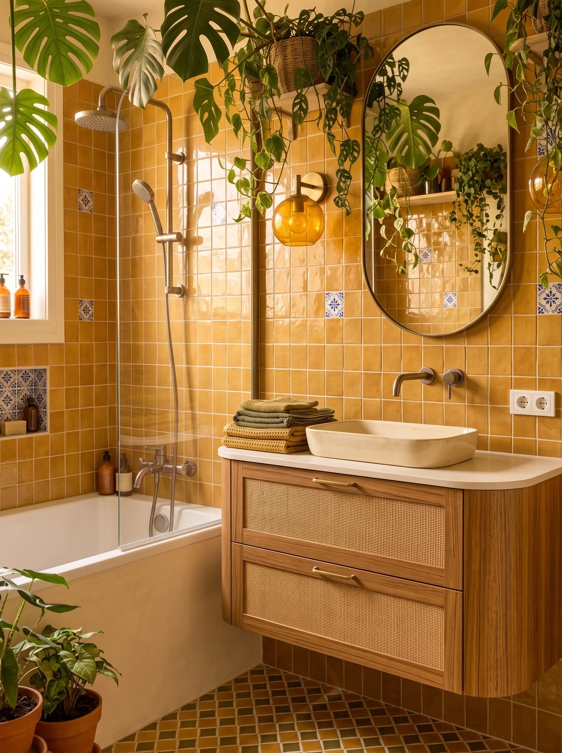 Biophilic bathroom with amber square tile, delft blue accents, a rattan vanity, an amber glass sconce and monstera plants filling every corner