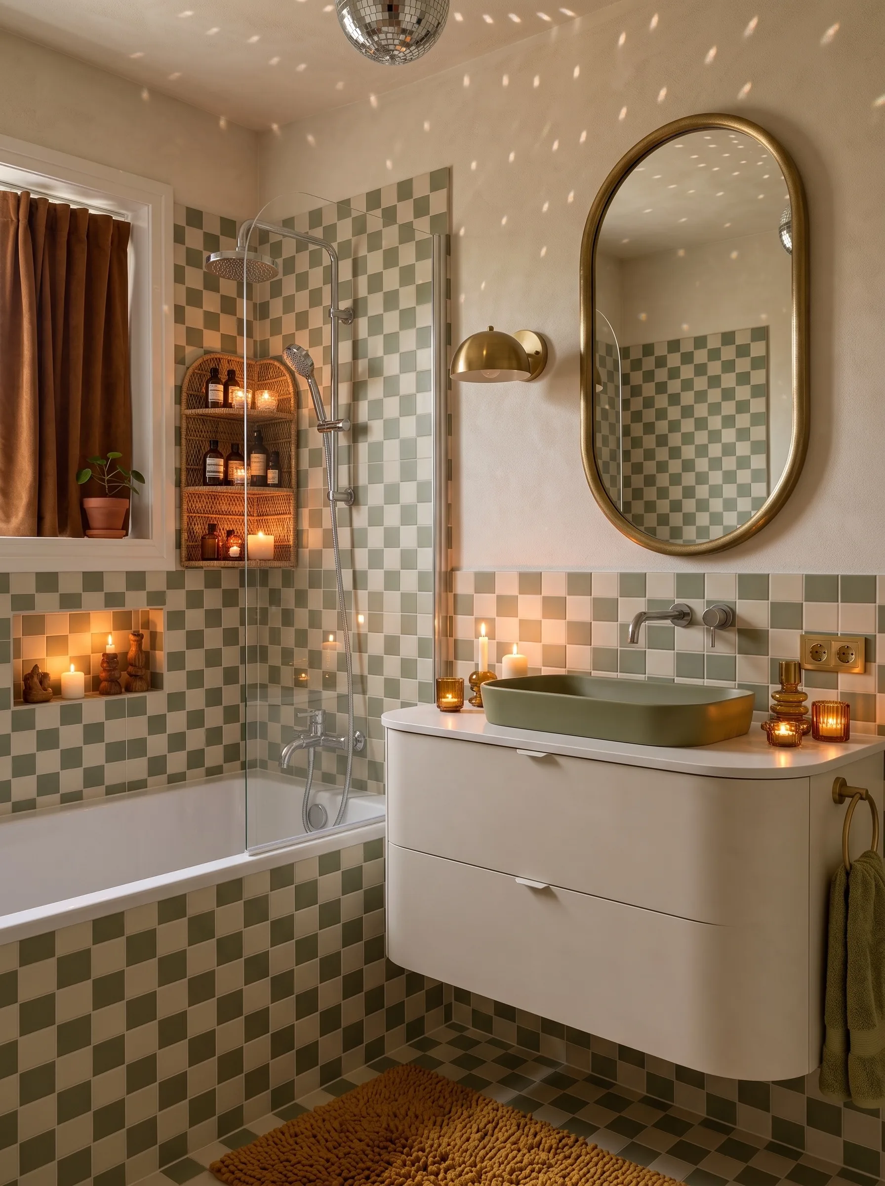 Boho bathroom with sage and cream checkerboard tile walls, a wood vanity with an olive green basin, a rattan shelf and a disco ball