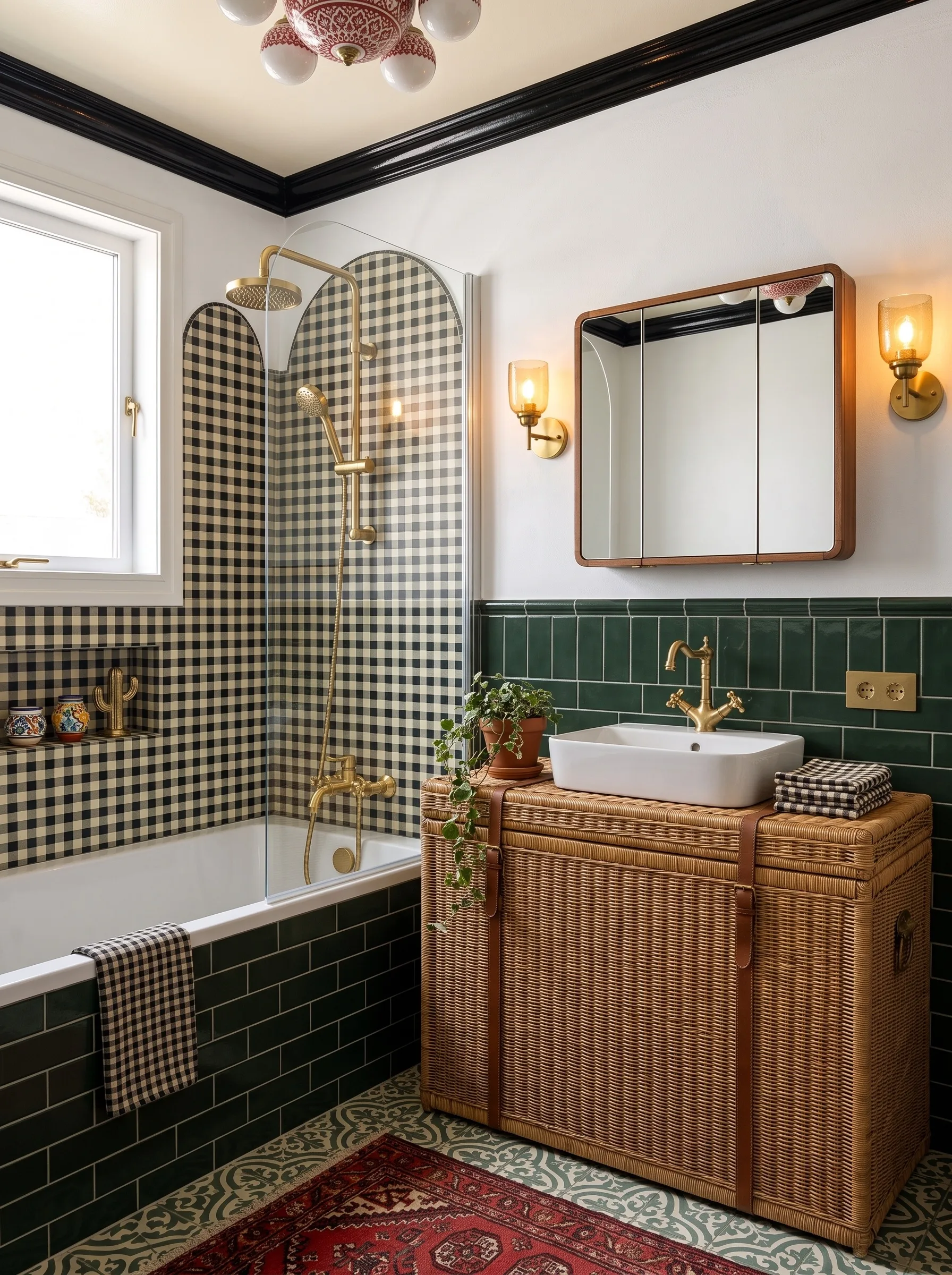 Spanish colonial bathroom with black and cream gingham tile in a scalloped arch over the tub, green tile wainscot, a wicker trunk vanity and a patterned encaustic floor