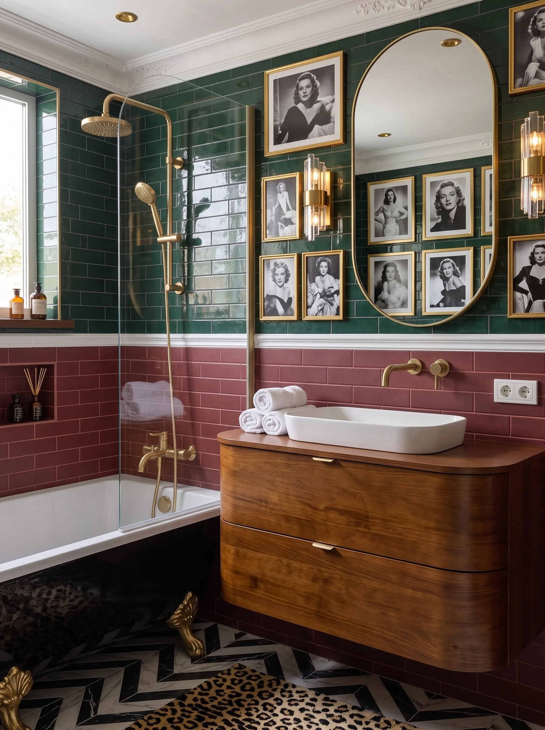 Old Hollywood bathroom with glossy emerald tile, a black tub, a dark wood vanity, gold-framed black and white portraits and a leopard rug