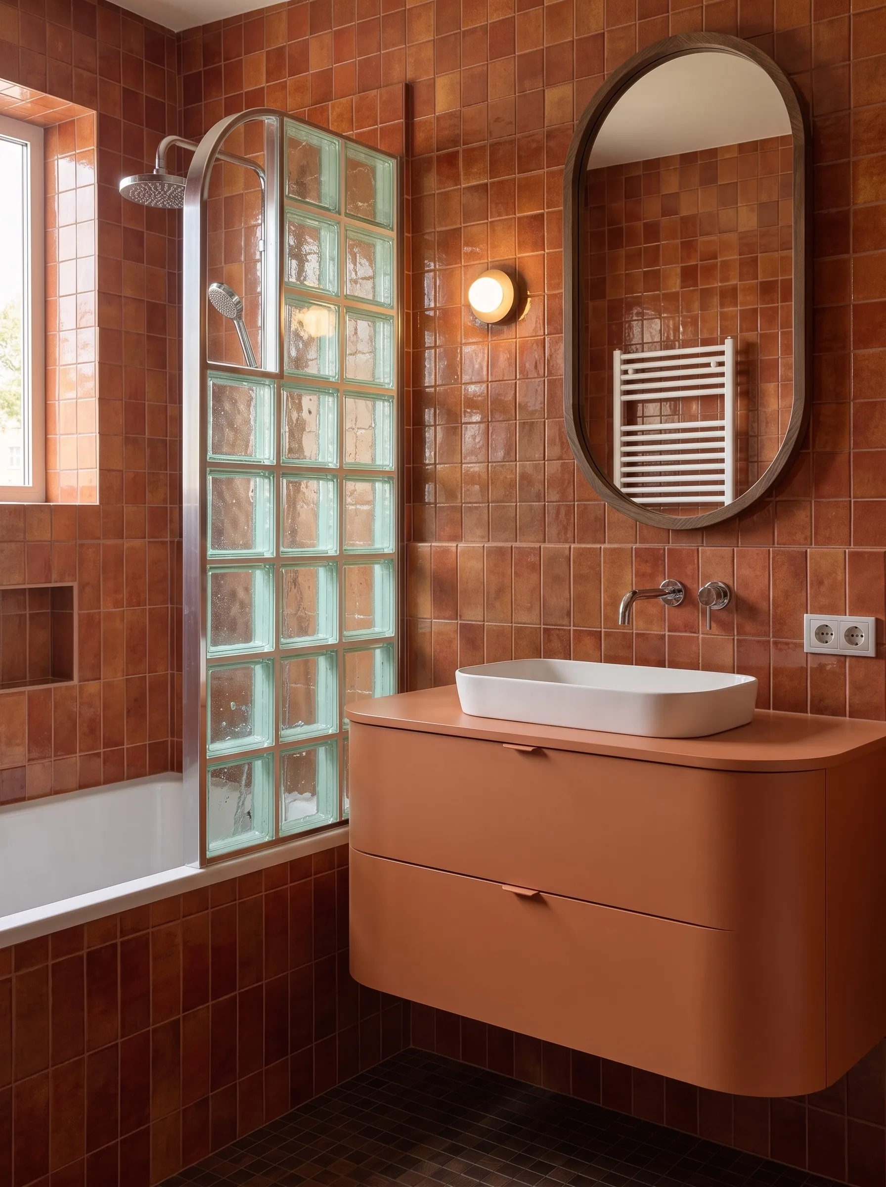 Sunlit bathroom with terracotta square tile, a green-tinted glass block partition, a terracotta vanity and chrome fittings