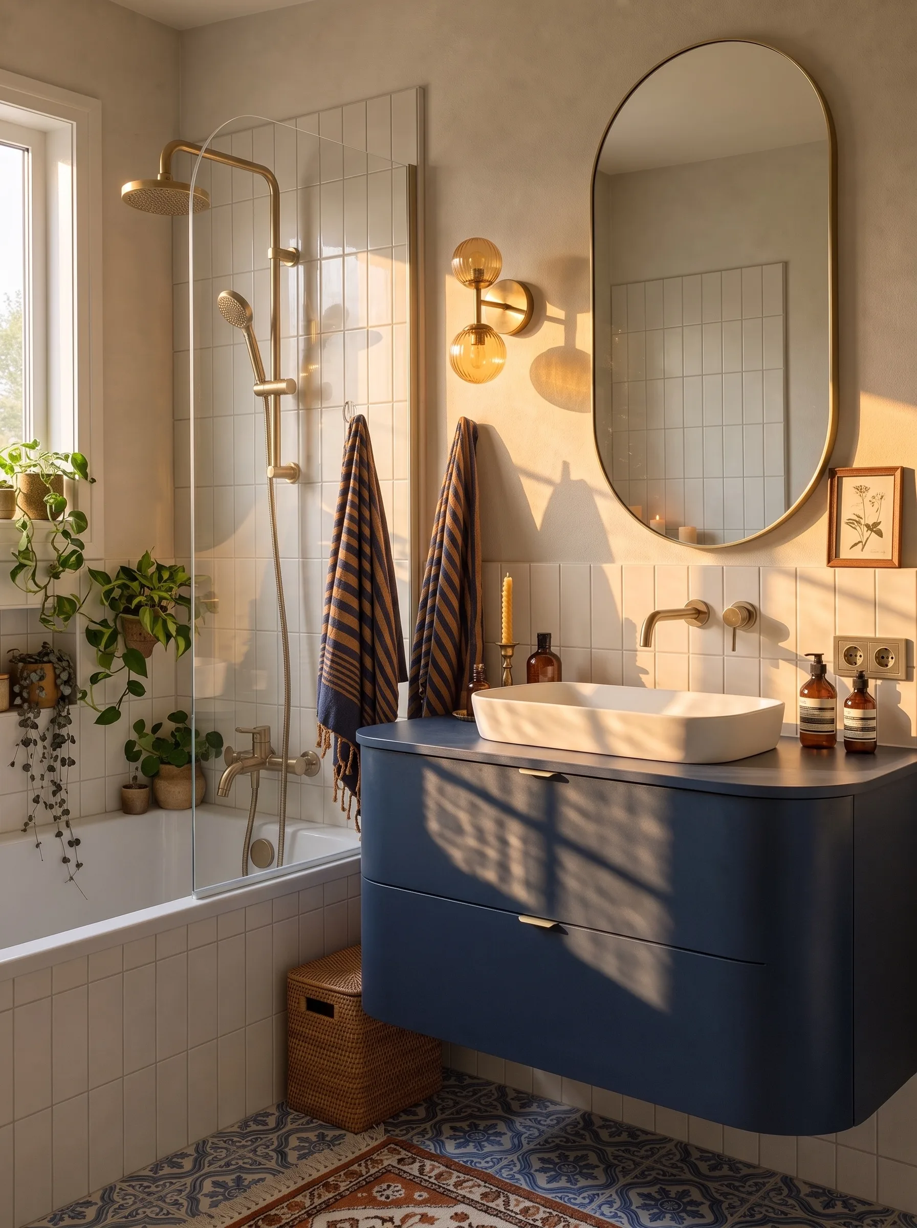 Cottage bathroom at golden hour with cream square tile, a navy panelled vanity, striped towels, a patterned blue and white tile floor and a botanical print