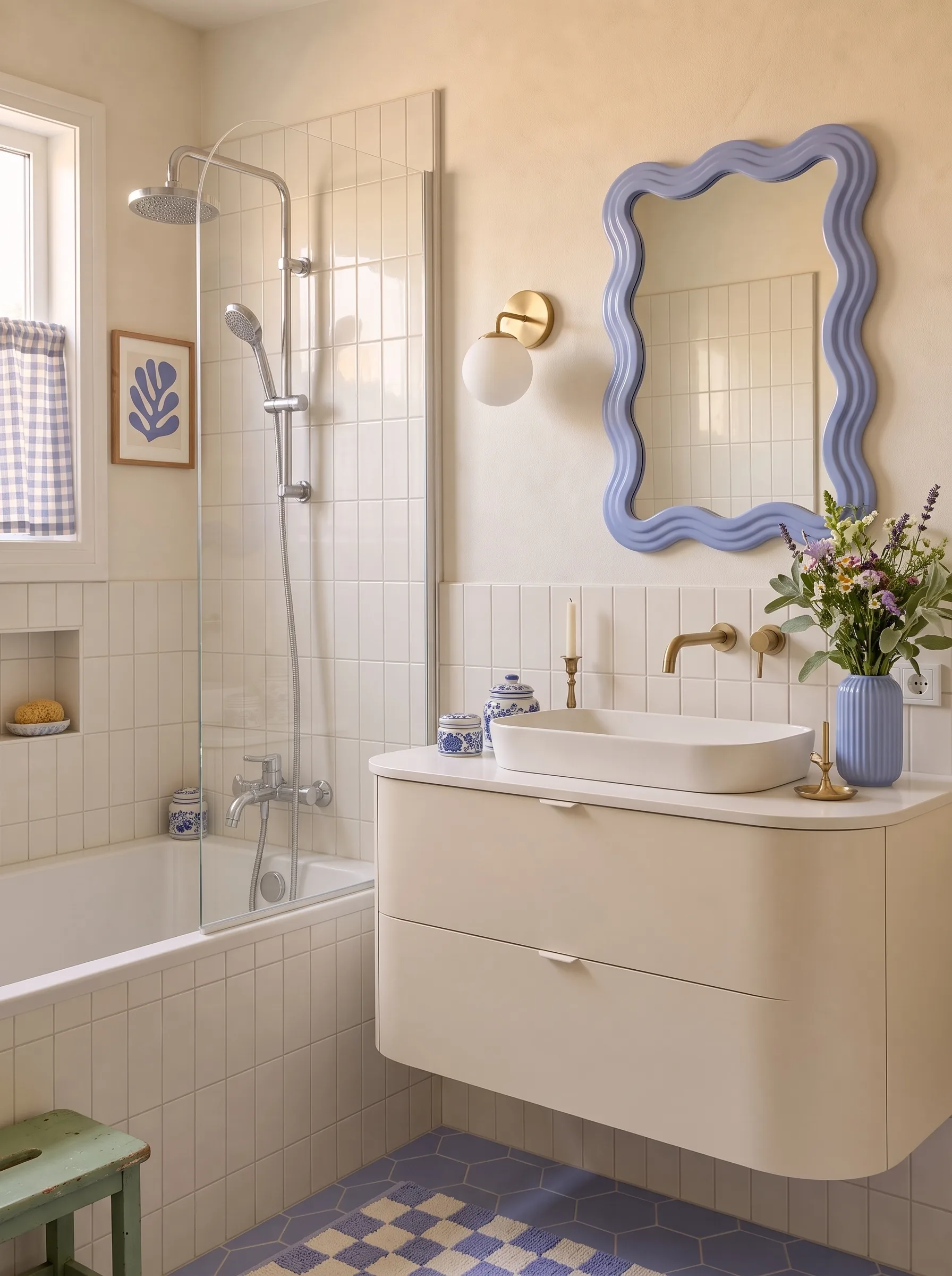 Pastel cottage bathroom with pale periwinkle walls, a wavy lilac-framed mirror, a gingham cafe curtain, a pastel checked rug, a green vintage stool and blue and white porcelain jars