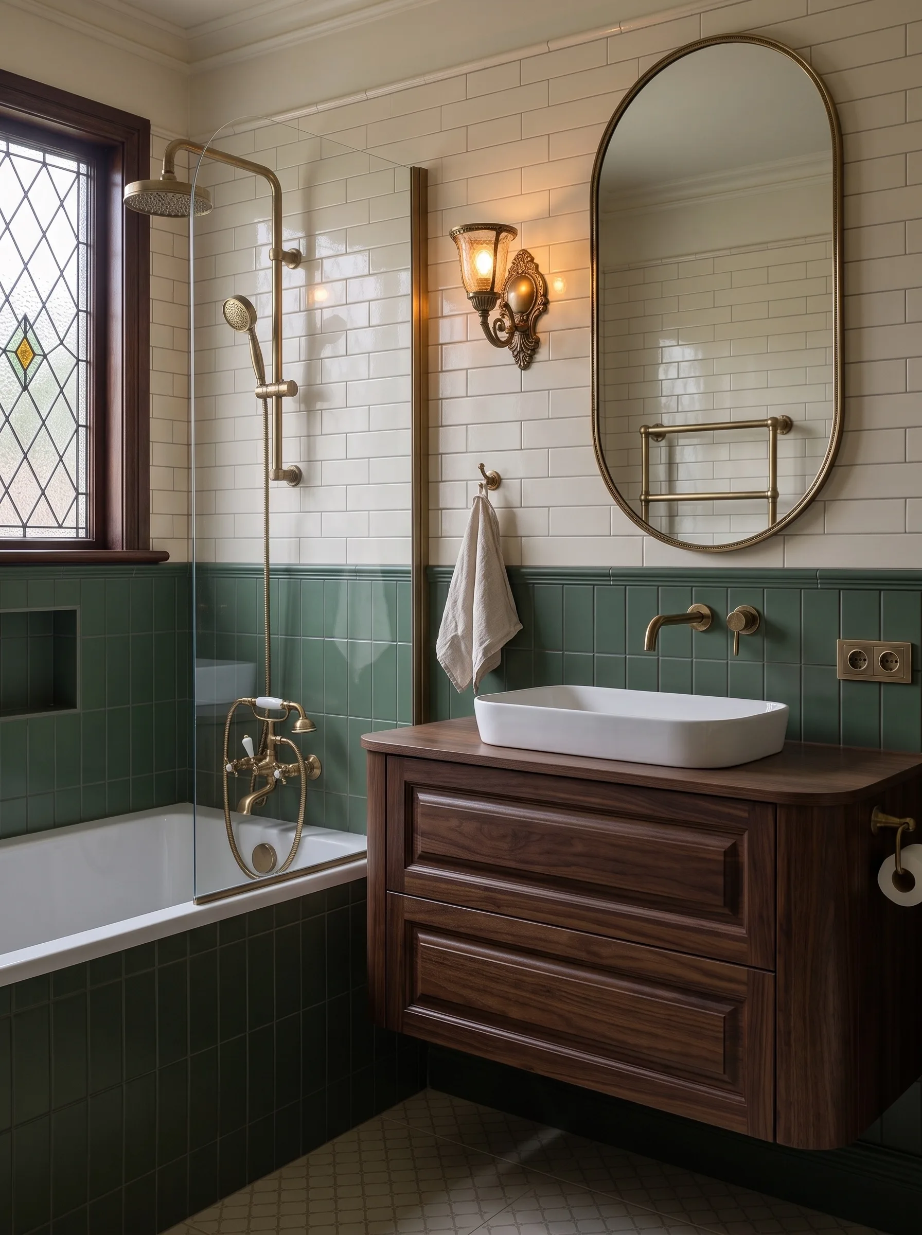 Edwardian bathroom with glossy green tile below cream walls, a leaded window, an ornate brass sconce, a dark wood washstand vanity with a white basin and brass taps