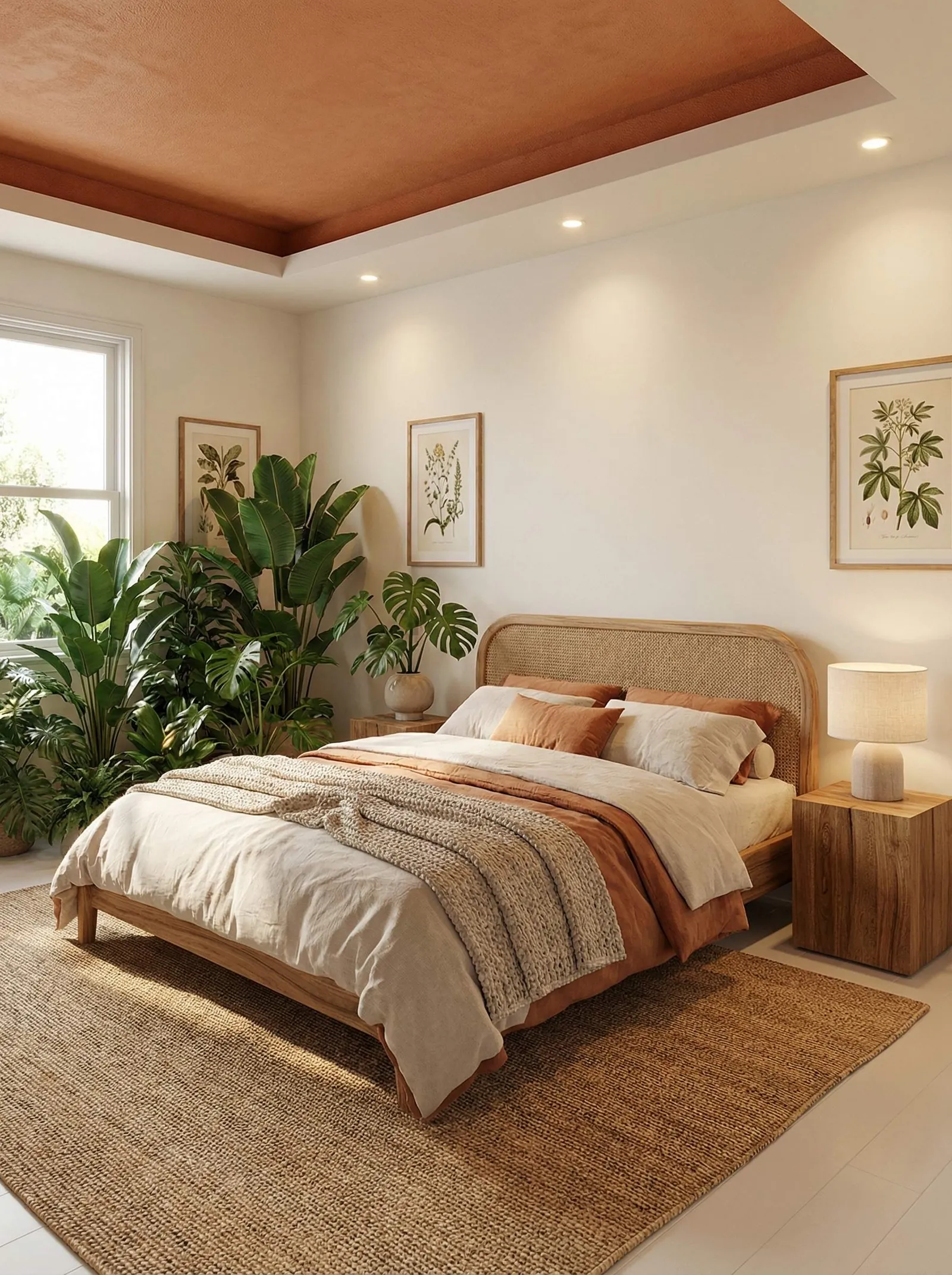Bedroom with an arched cane headboard, cream linen and rust bedding, a terracotta painted ceiling inset, a solid wood block nightstand with a linen drum lamp, botanical prints, and a bank of monstera and bird of paradise beside the window.