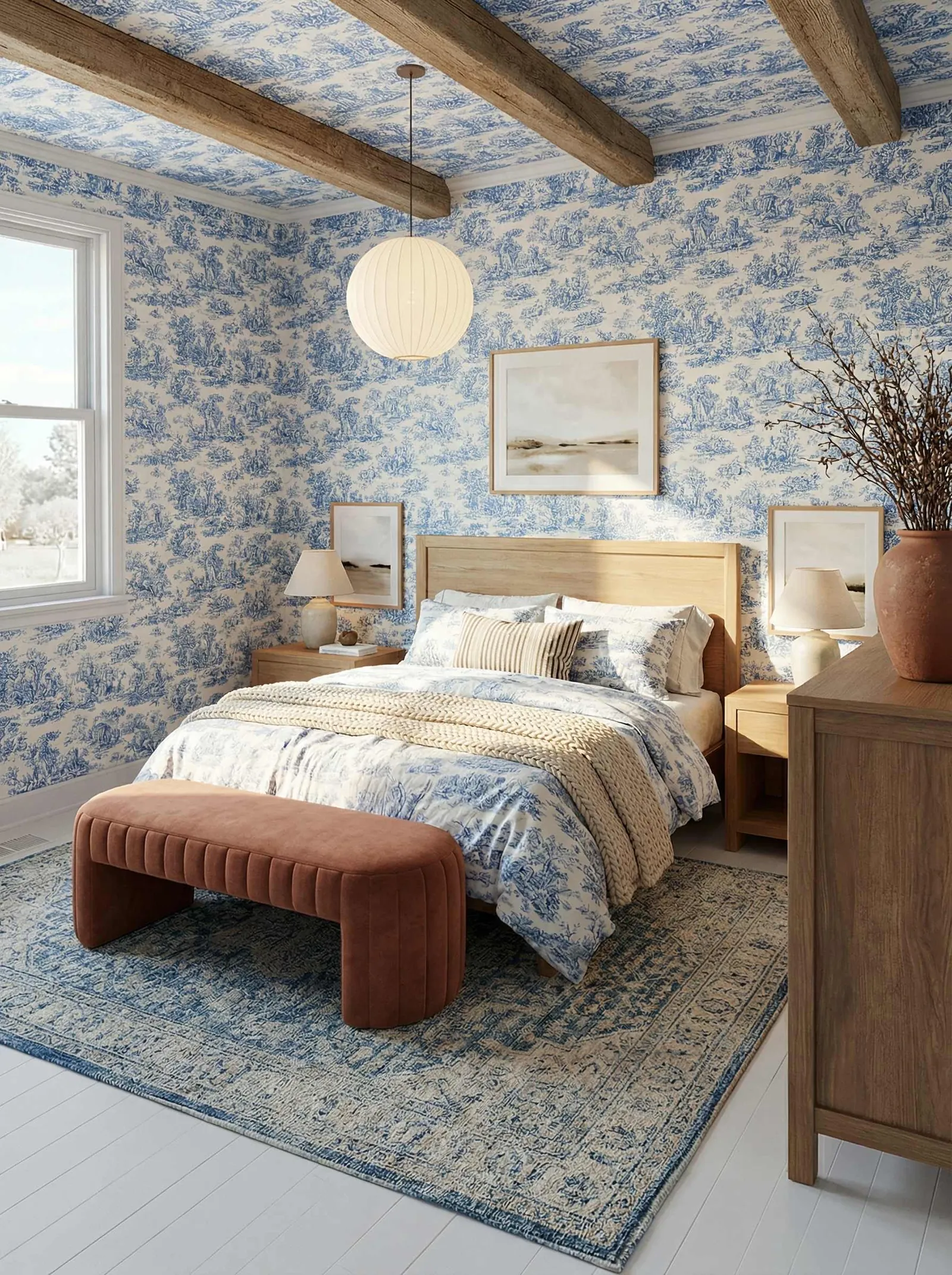 Bedroom with blue-and-white toile wallpaper across the walls and the ceiling, four rough wooden ceiling beams, a paper globe pendant, a light oak bed and matching nightstands, a rust velvet bench at the foot of the bed, and a faded blue Persian rug on a white painted plank floor.