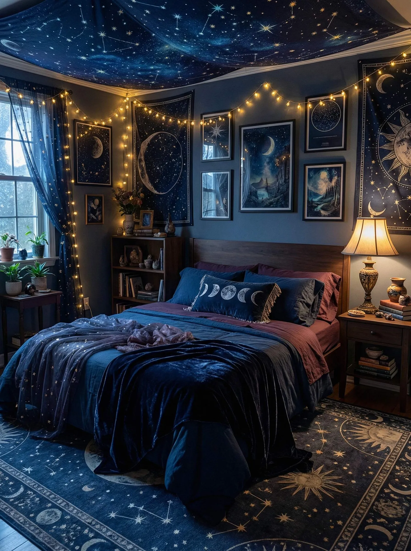 Bedroom in deep navy with a constellation-print fabric drape across the ceiling, navy velvet bedding and a moon-phase pillow, a gallery wall of moon and night-sky prints, warm string lights, an ornate brass lamp and a sun-and-star rug