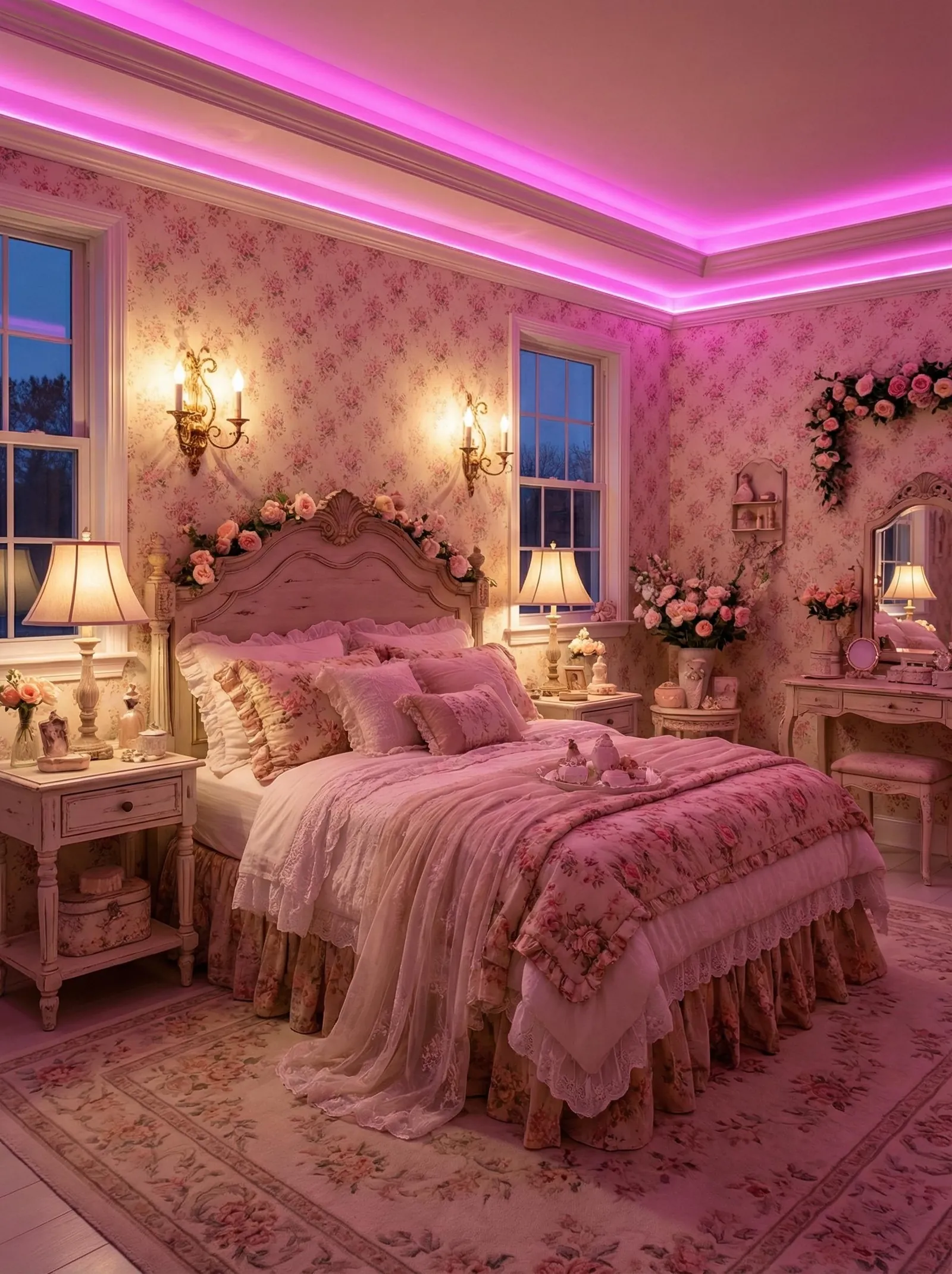 Rose-print wallpapered bedroom lit by a magenta LED cove light, with a distressed cream carved headboard, layered floral and lace ruffled bedding, brass candle sconces, a matching vanity and vases of pink roses