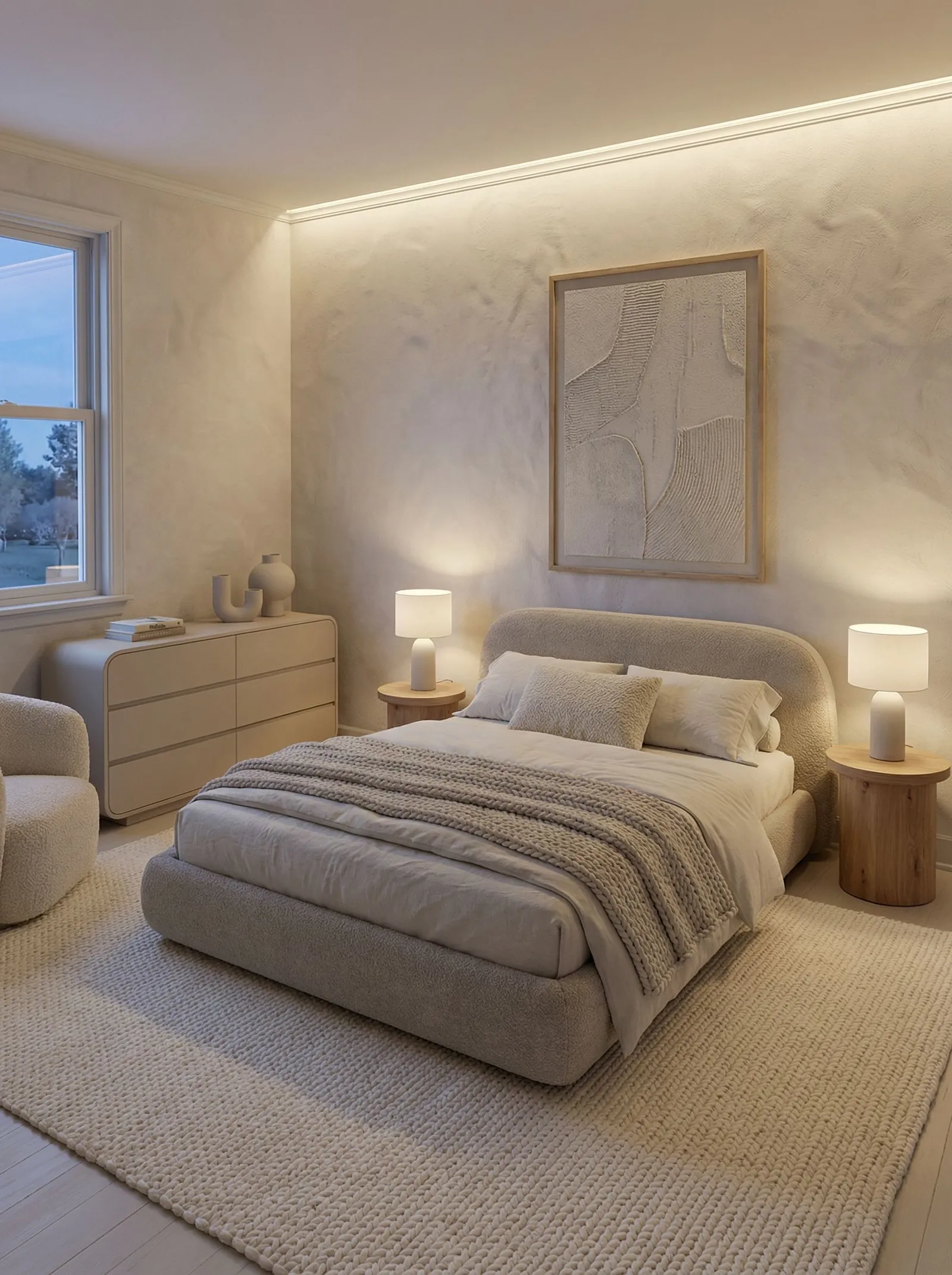 Bedroom in warm plaster and oatmeal tones with a curved boucle headboard, chunky knit throw over grey bedding, twin white lamps on round wood nightstands, a rounded cream dresser, a textured plaster artwork and a woven rug
