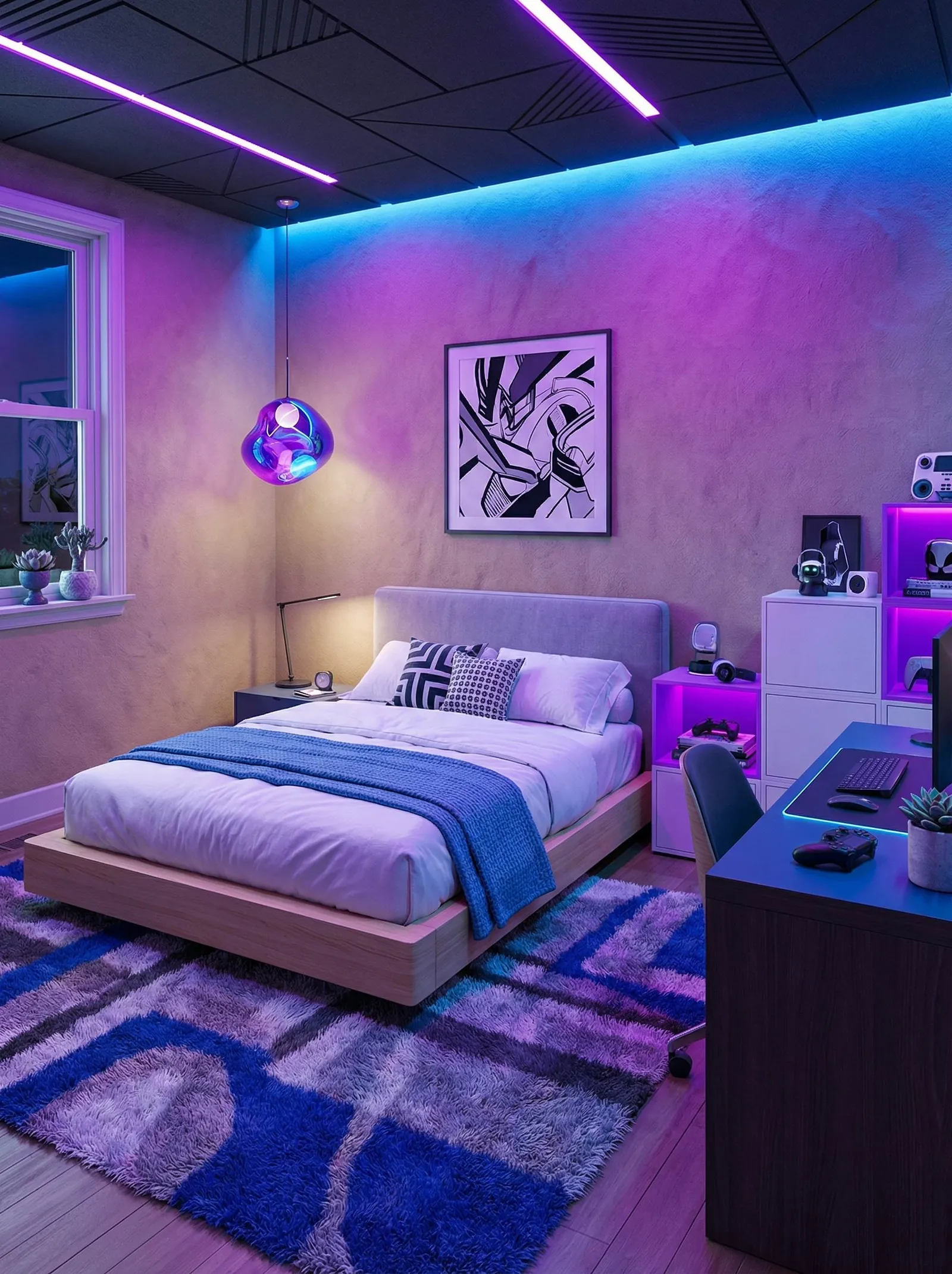 Dark-ceilinged bedroom washed in magenta and blue LED light, with linear pink LED strips across a geometric drop ceiling and a blue cove glow behind an upholstered grey headboard, a black-and-white manga panel framed above the bed, white gaming shelves with purple-lit cubbies holding a controller and headset, a desk with a teal-edged mousepad and gaming chair, and a blue geometric shag rug.