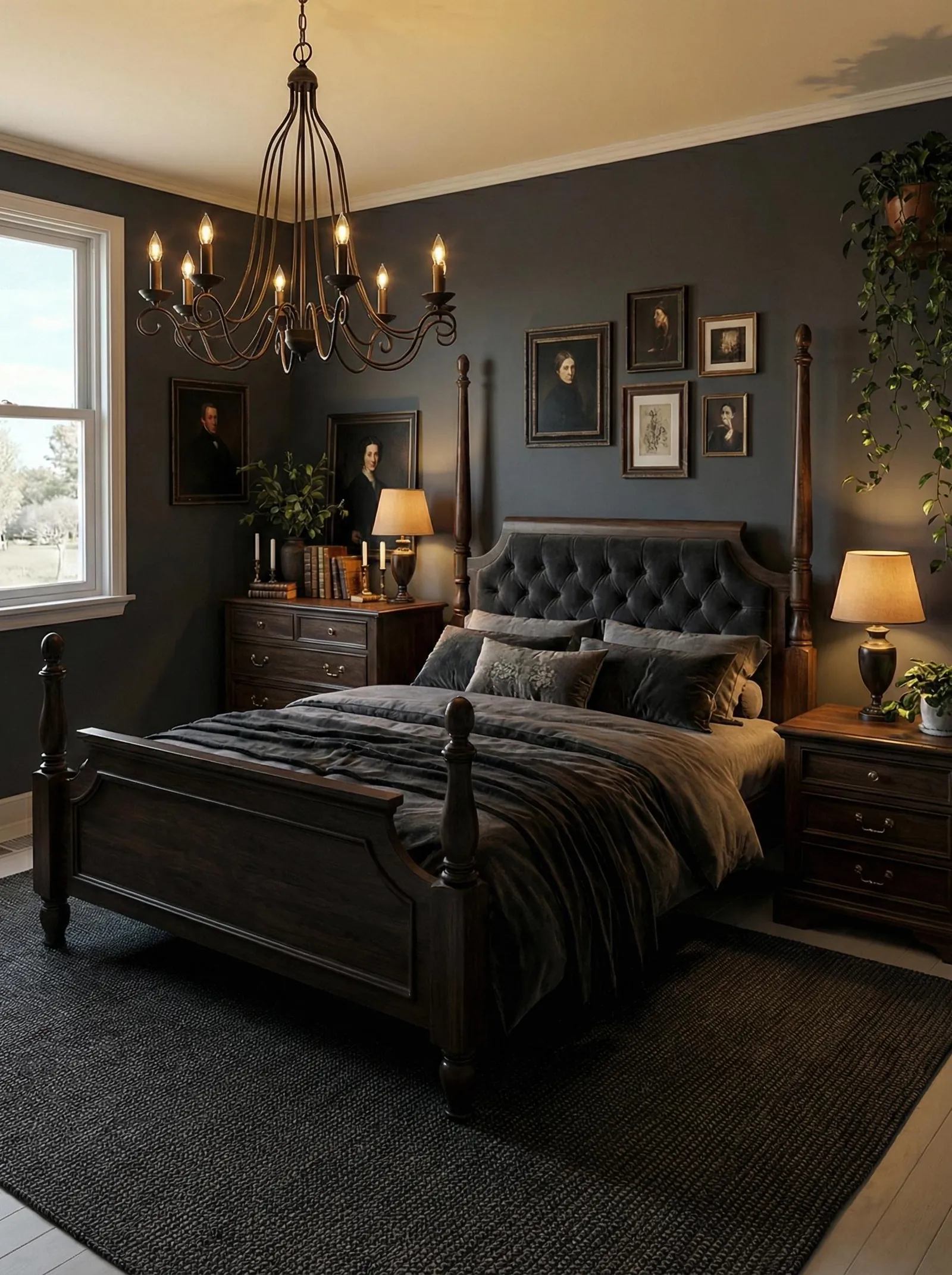 Moody gothic bedroom with charcoal walls, a dark-stained wood four-poster bed with turned posts and a grey tufted velvet headboard, monochrome charcoal velvet bedding, a wrought-iron scrolled chandelier, a wall of dark Victorian oil portraits in gilt frames, a trailing pothos, a dark wood dresser with candlesticks and stacked books, and brass urn lamps, over a charcoal woven rug.