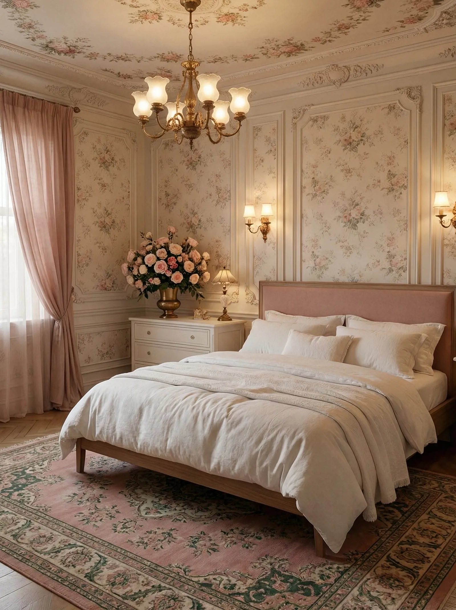 Formal bedroom with rose-patterned wallpaper and ornate wall panelling, a blush upholstered headboard, crisp white linen bedding, a brass chandelier and sconces, a large brass urn of pink roses and a floral bordered rug