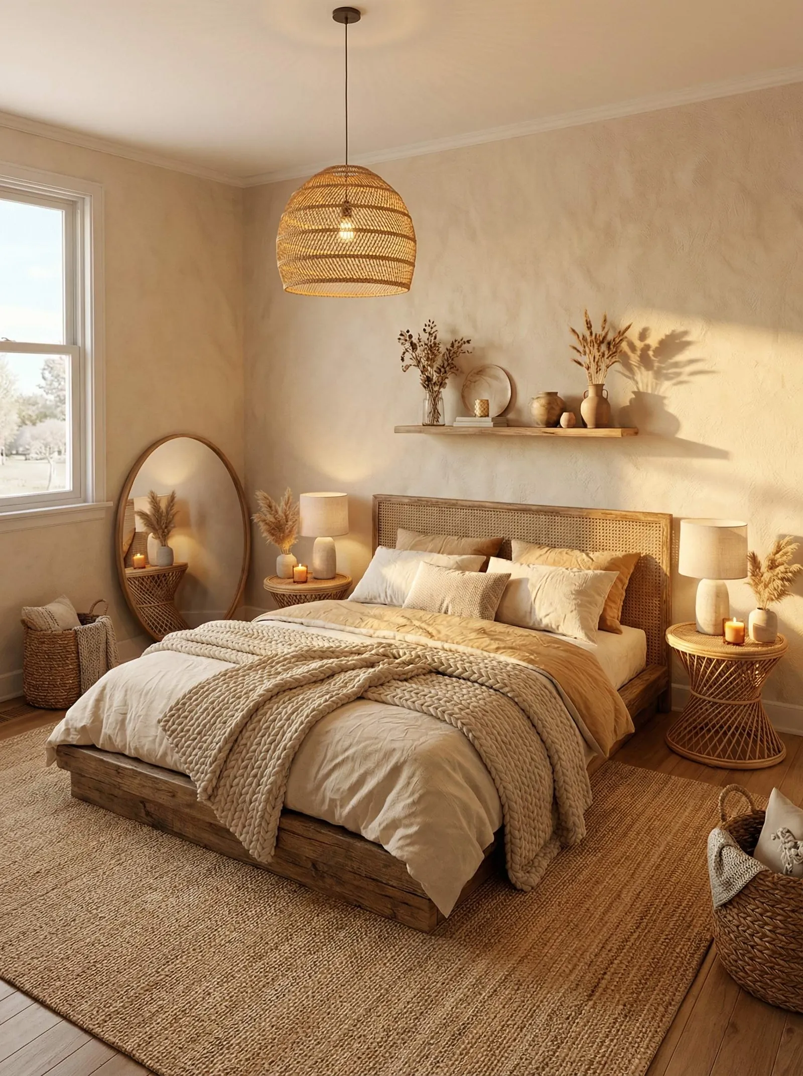 Bedroom with sand-coloured plaster walls, a cane headboard, a large woven rattan pendant, an oval rattan-framed mirror leaning in the corner, dried grasses on a floating shelf and a jute rug