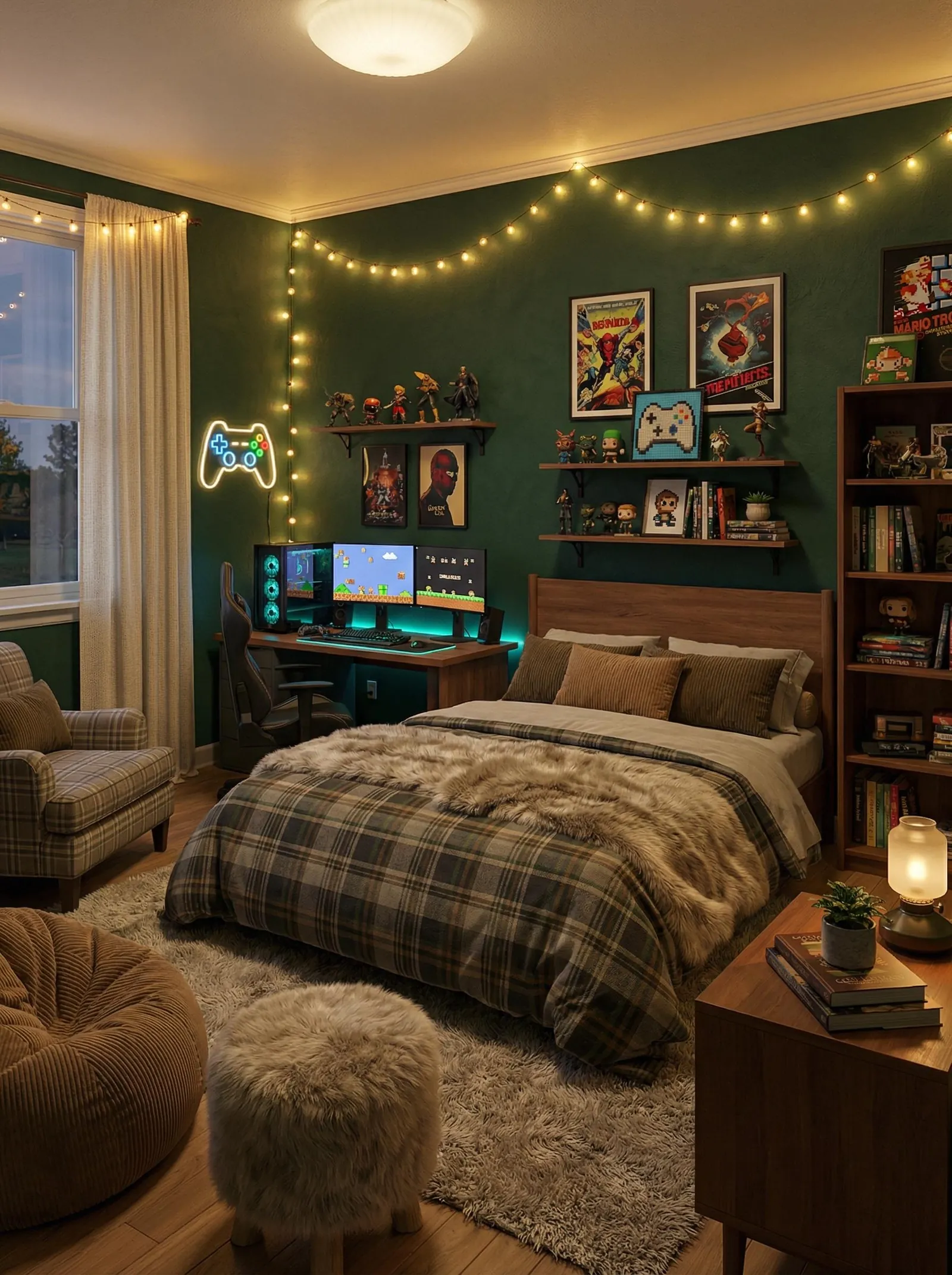 Bedroom at night with forest green walls, a neon game controller sign, a desk with three monitors and teal LED underglow, fairy lights along the ceiling, a green plaid duvet with a faux fur throw, a corduroy bean bag and a fur stool on a shaggy rug.