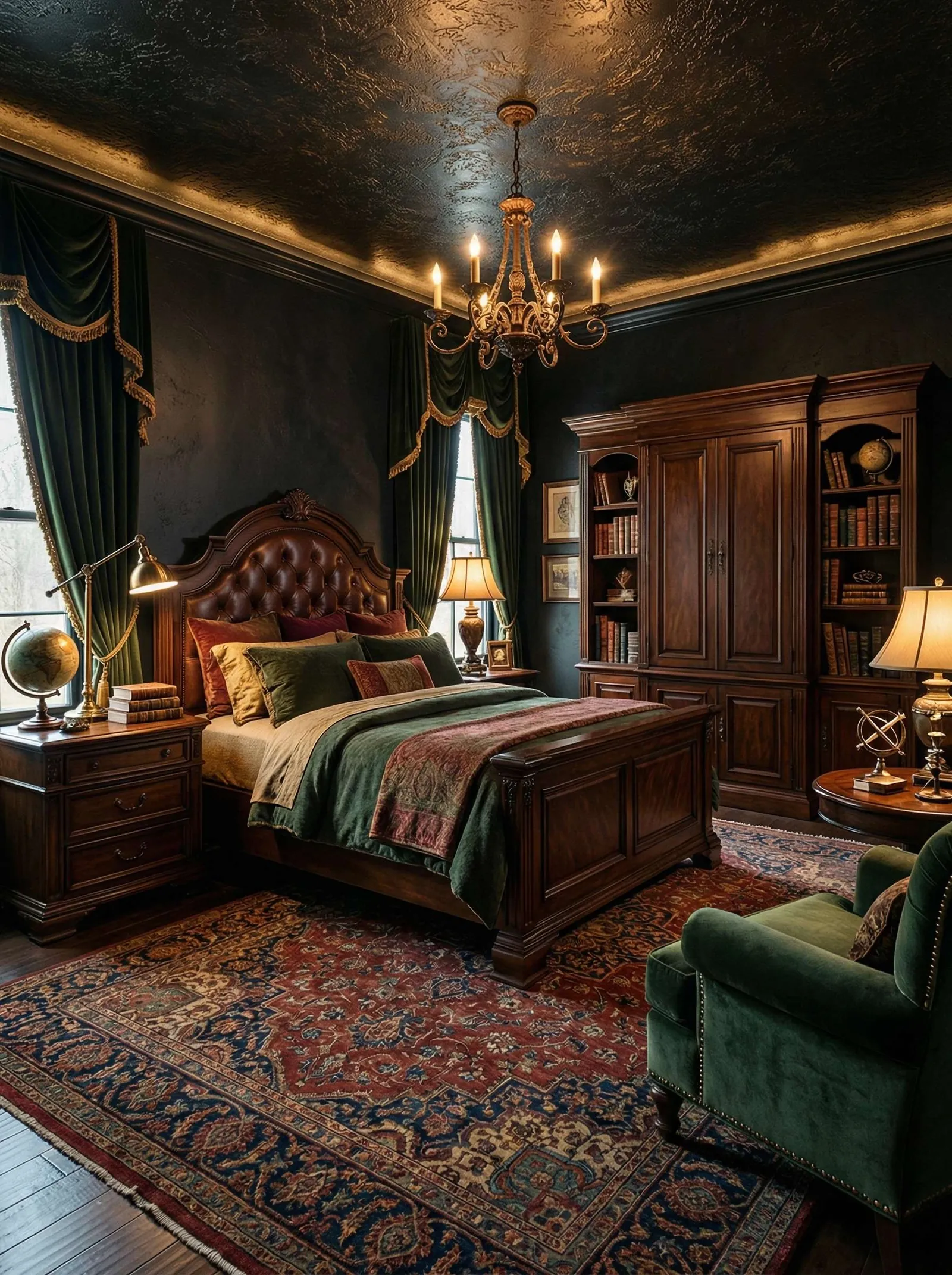 Dark academia bedroom with near-black textured walls and a gilded ceiling, a carved mahogany bed with a tufted oxblood leather headboard, olive and burgundy velvet bedding, deep green velvet drapes with gold fringe, a full mahogany bookcase wall of leather-bound books with a globe and armillary sphere, brass lamps and a candelabra chandelier, over a red and navy Persian rug.