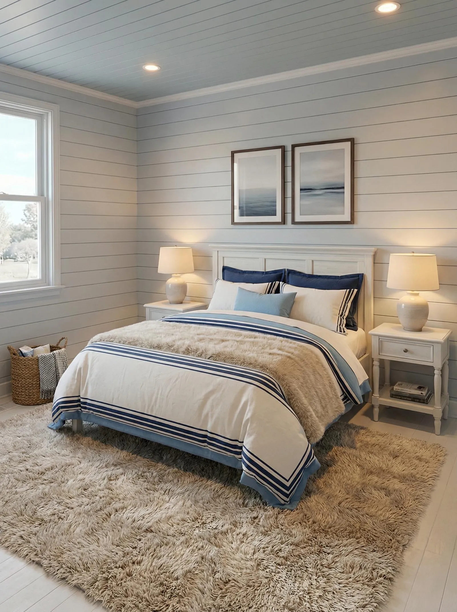 Pale blue-grey shiplap bedroom with a white panelled headboard, navy and white striped bedding with blue accents, two framed sea prints, ceramic table lamps, a thick beige shag rug and a woven basket